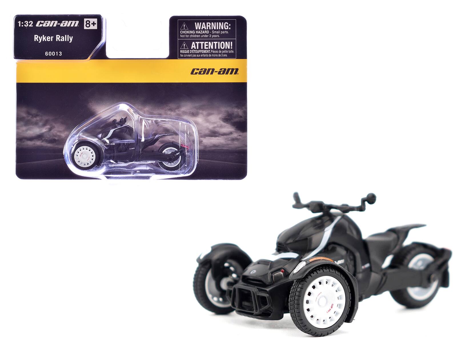 1:32 Can-am  
8+  
Ryker Rally  
60013  

WARNING: CHOKING HAZARD - Small parts. Not for children under 3 years.  
ATTENTION! RISQUE D'ETOUFFEMENT - Pièces de petite taille. Ne convient pas aux enfants de moins de 3 ans.