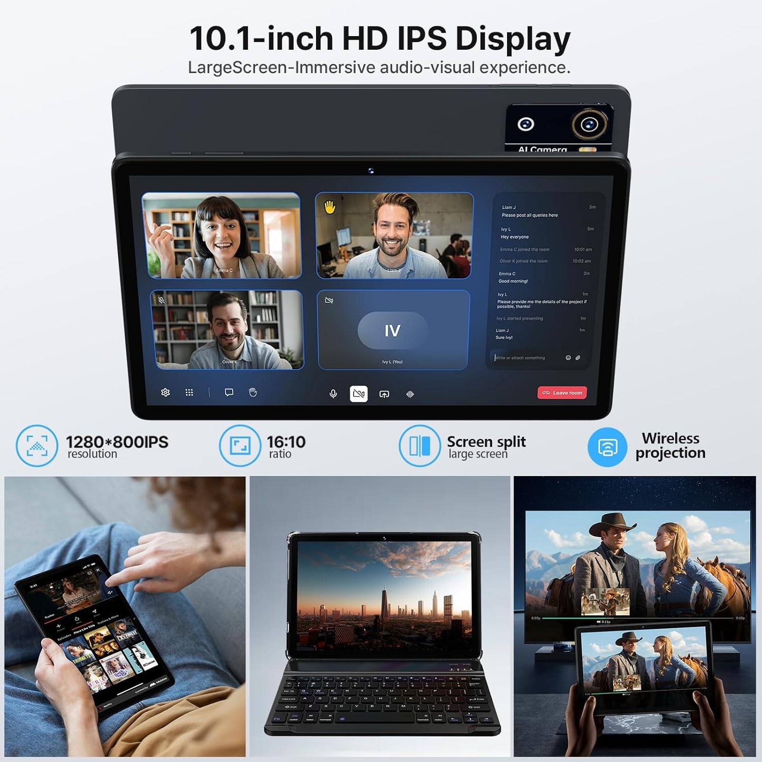 10.1-inch HD IPS Display  
LargeScreen-Immersive audio-visual experience.  
1280*800IPS resolution  
16:10 ratio  
Screen split large screen  
Wireless projection
