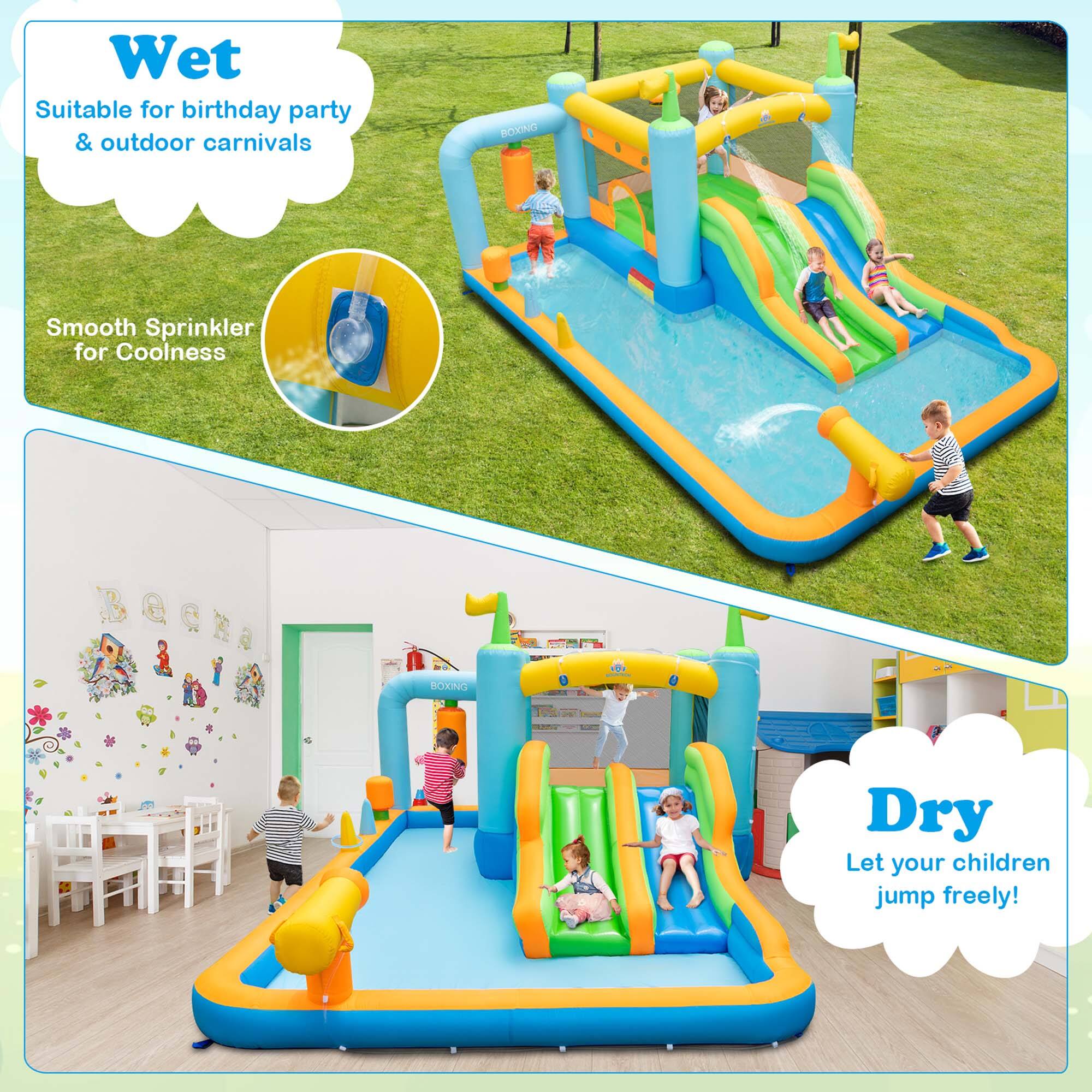 Wet: Suitable for birthday party & outdoor carnivals. ROAN Smooth Sprinkler for Coolness.
Dry: Let your children jump freely!