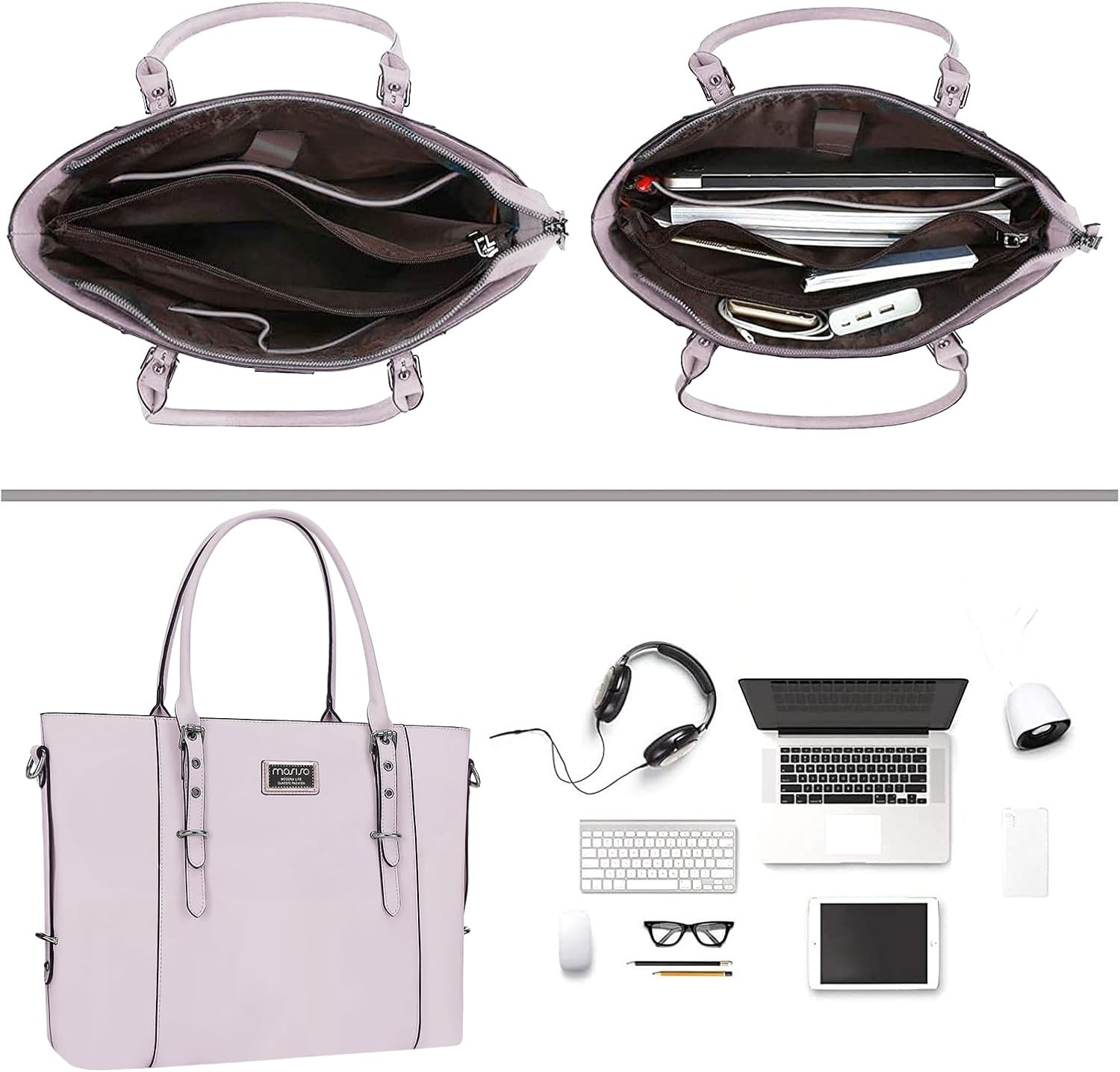 Left. mosiso - Waterproof PU Leather Laptop Bag for Women 17.3 Inch, Vintage Briefcase Shoulder Tote Computer Bag for Work & Office - Dusty Lilac.