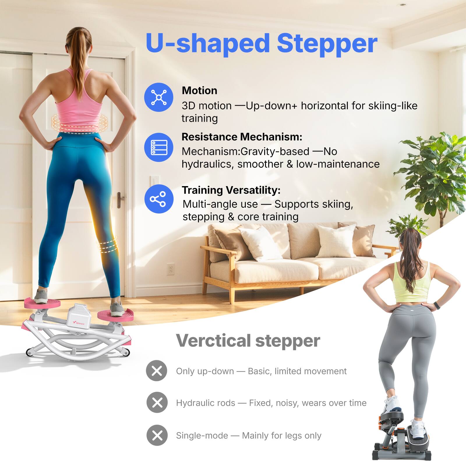 U-shaped Stepper

Motion
- 3D motion — Up-down + horizontal for skiing-like training

Resistance Mechanism:
- Gravity-based — No hydraulics, smoother & low-maintenance

Training Versatility:
- Multi-angle use — Supports skiing, stepping & core training

Vertical stepper

- Only up-down — Basic, limited movement
- Hydraulic rods — Fixed, noisy, wears over time
- Single-mode — Mainly for legs only