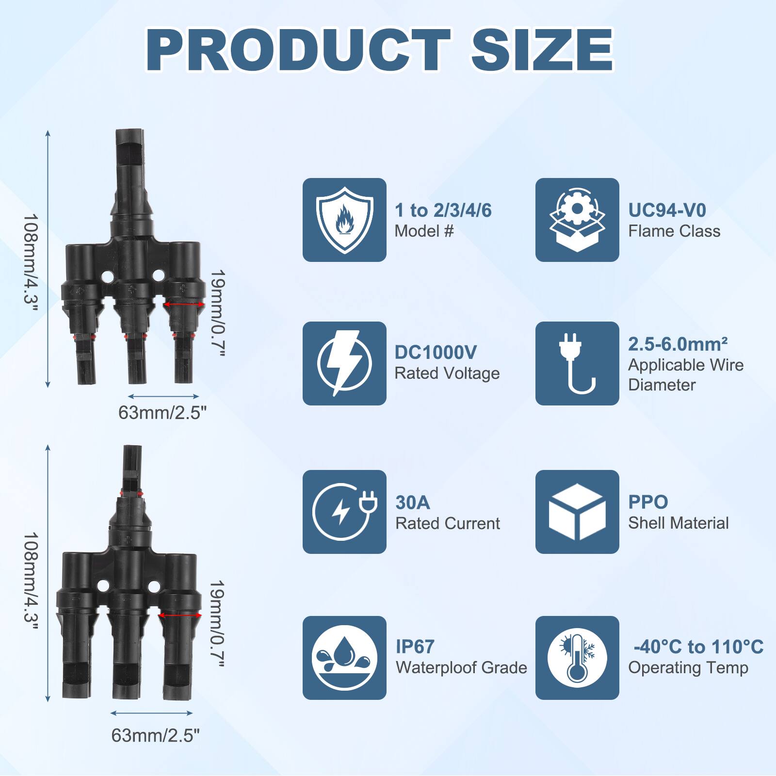 PRODUCT SIZE  
108mm/4.3"  
19mm/0.7"  
63mm/2.5"  

1 to 2/3/4/6  
Model # DC1000V  
Rated Voltage  
UC94-VO Flame Class  
2.5-6.0mm Applicable Wire Diameter  

30 Rated Current  
IP67 Waterploof Grade  
PPO Shell Material  
-40C to 110C Operating Temp