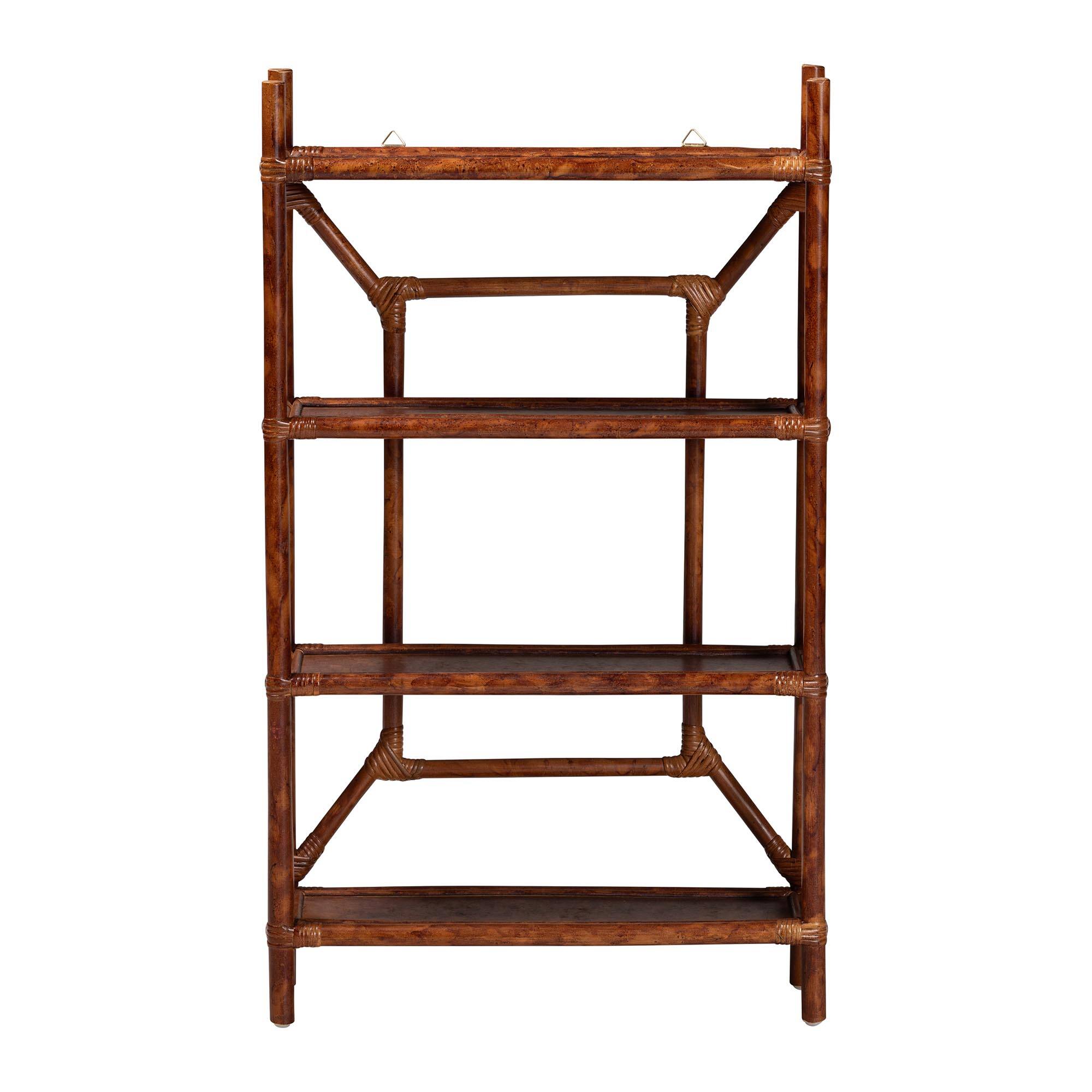Angle. bali & pari - Basile Marbled Tortoise Rattan 4-Tier Wall Display Shelf - Decorative Floating Wicker Storage Organizer - Marbled Tortoise Brown.