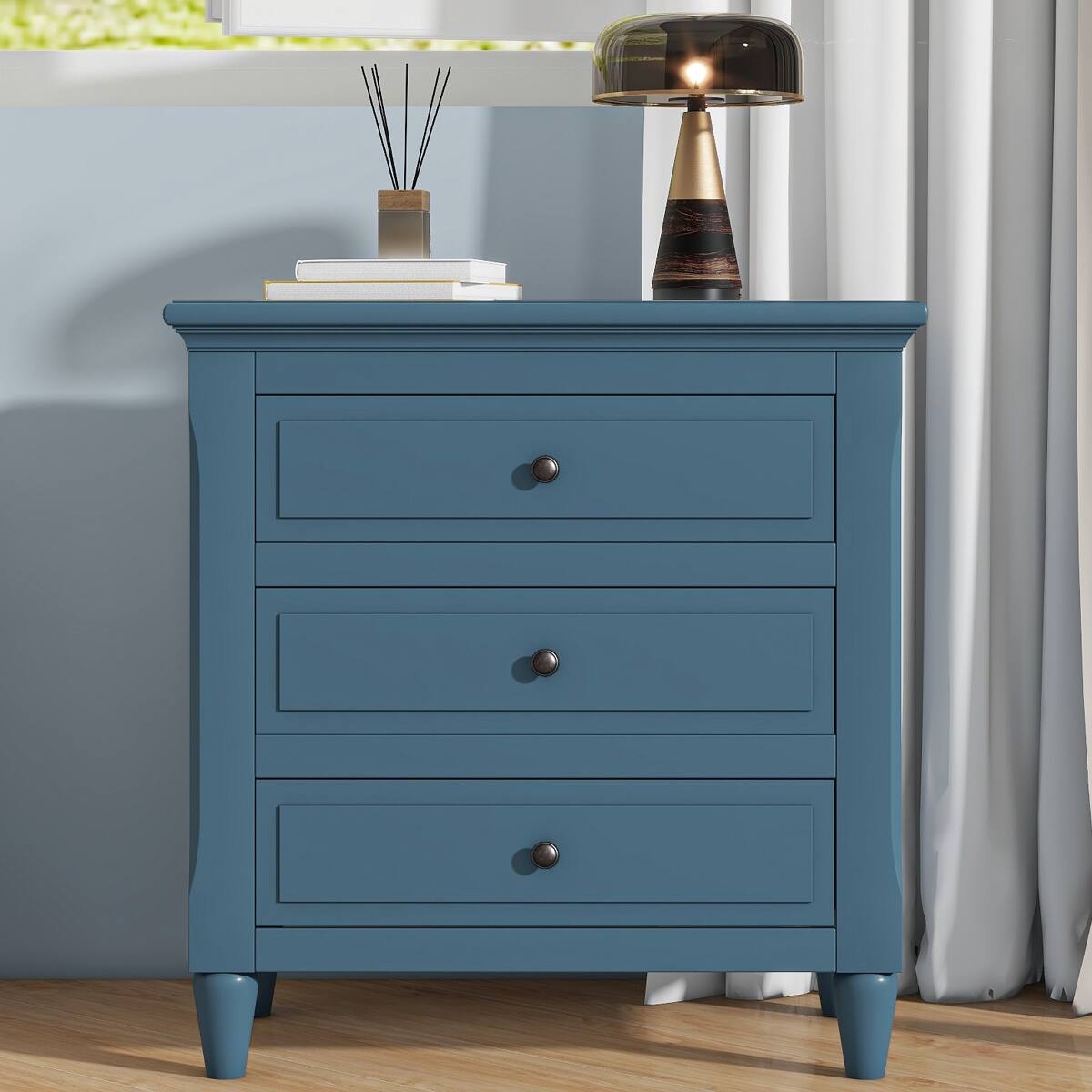 Front. Loheer - Loheer Pine Wood Nightstand, Blue Three Drawer Bedside Table - Blue.