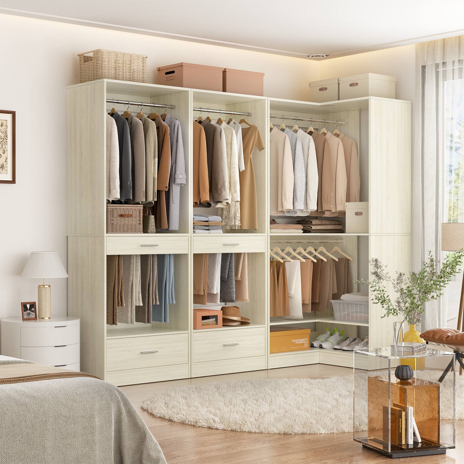 Alt View 1. Aheaplus - 47.2'' All-in-One Closet Organizer with 2 Drawers, Freestanding Wardrobe Closet Rack with Pant Racks & Hanging Rods - Beige Oak.