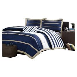 Hivvago - Full / Queen size Comforter Set in Navy Blue White Khaki Stripe - Navy Blue , White, Khaki