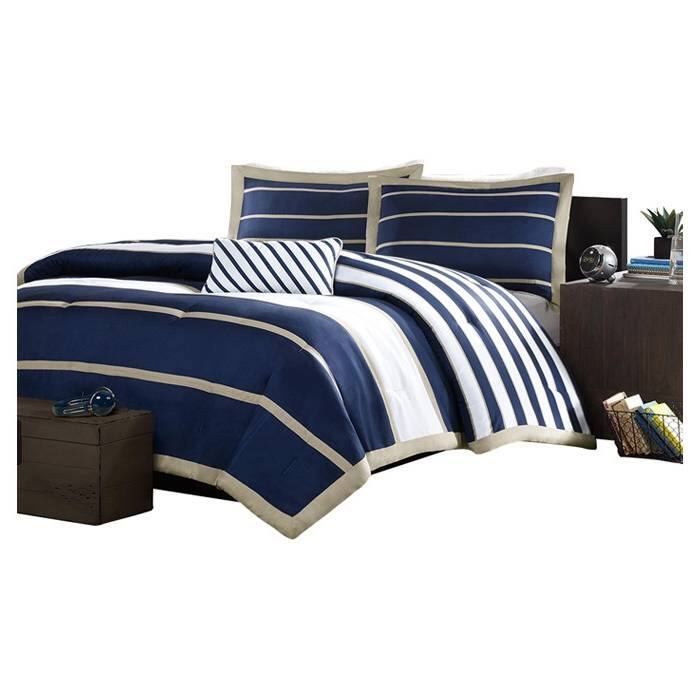 Front. Hivvago - Full / Queen size Comforter Set in Navy Blue White Khaki Stripe - Navy Blue , White, Khaki.