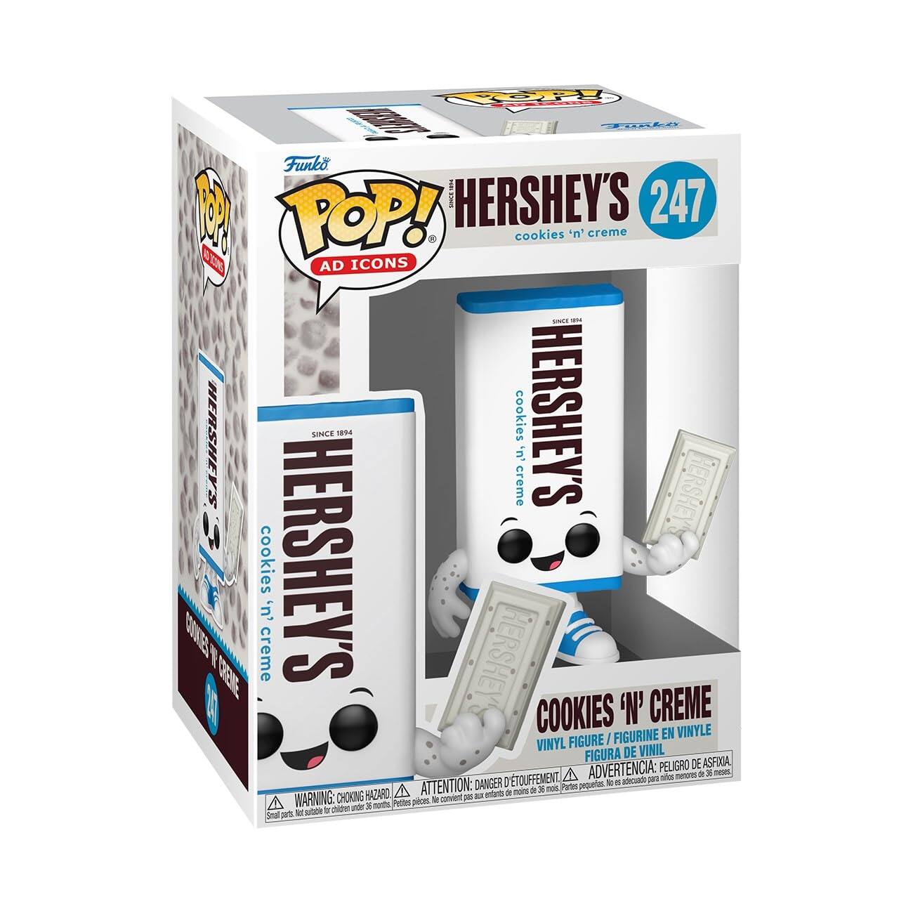 Funko POP!  
AD ICONS  

HERSHEY'S  
247  
cookies 'n' creme  

COOKIES 'N' CREME  
VINYL FIGURE / FIGURINE EN VINYLE / FIGURA DE VINIL  

WARNING: CHOKING HAZARD - Small parts. Not for children under 3 years.  
ATTENTION: PEU D'ASPIRATION - Petites pièces. Ne convient pas aux enfants de moins de 3 ans.  
ADVERTENCIA: PELOTO DE ASFIIA - Piezas pequeñas. No es adecuado para niños menores de 3 años.  

SINCE 1894  
HERSHEY'S  
cookies 'n' creme  

WARNING: CHOKING HAZARD - Small parts. Not for children under 3 years.  
ATTENTION: PEU D'ASPIRATION - Petites pièces. Ne convient pas aux enfants de moins de 3 ans.  
ADVERTENCIA: PELOTO DE ASFIIA - Piezas pequeñas. No es adecuado para niños menores de 3 años.