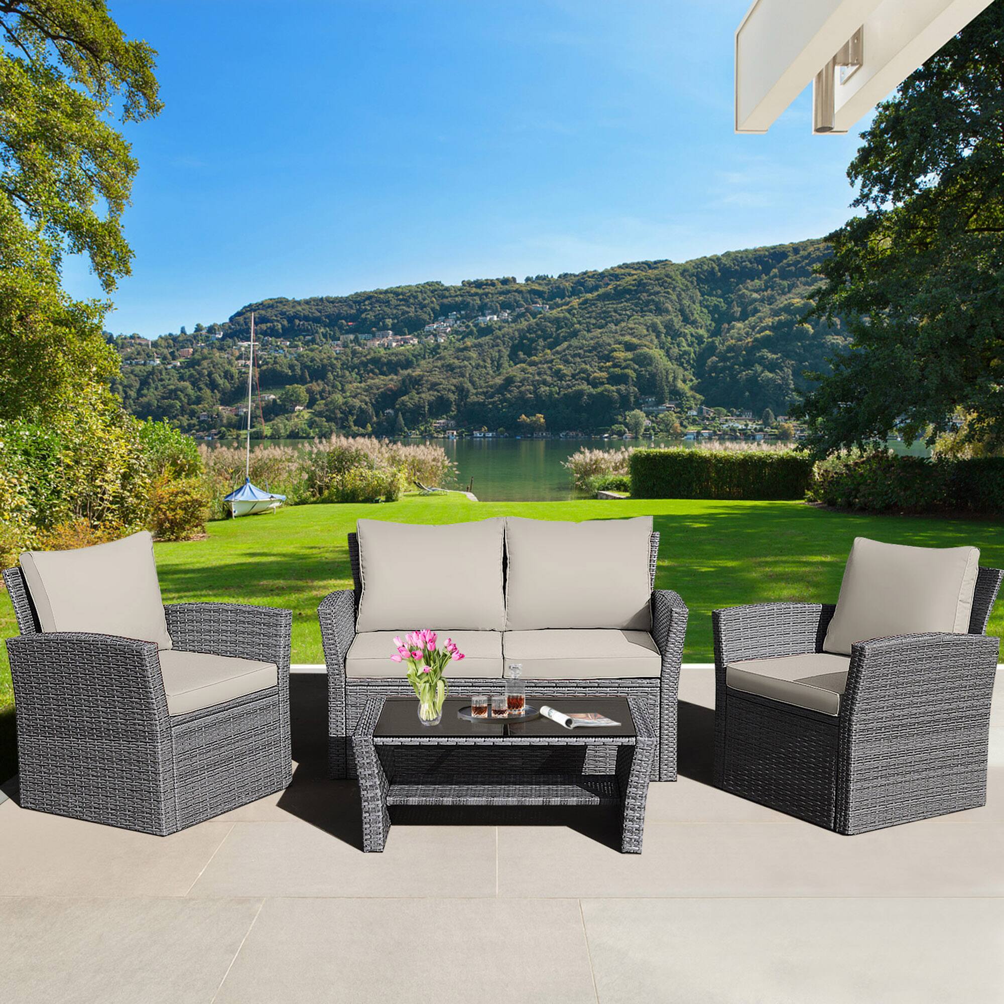 Gymax - 4PCS Patio Rattan Conversation Set Outdoor Furniture Set w/ Cushions - Khaki price history on PriceWatchPro