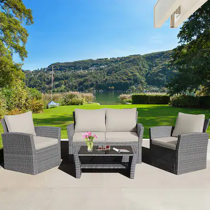 Front. Gymax - Gymax 4PCS Patio Rattan Conversation Set Outdoor Furniture Set w/ Khaki Cushions - Khaki.