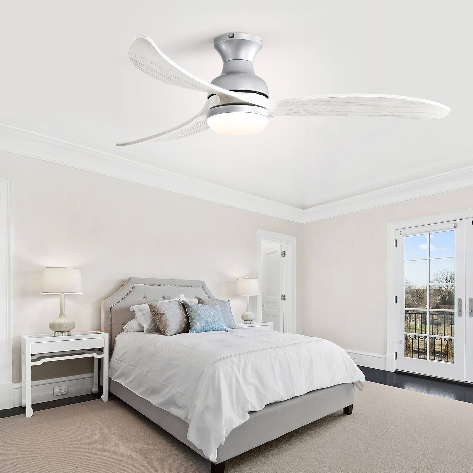 Alt View 3. Sofucor - 52 inch Modern Flush Mount Ceiling Fans with Lights and APP/Remote Control Alexa With 3 Solid Wood Blades - Silver.