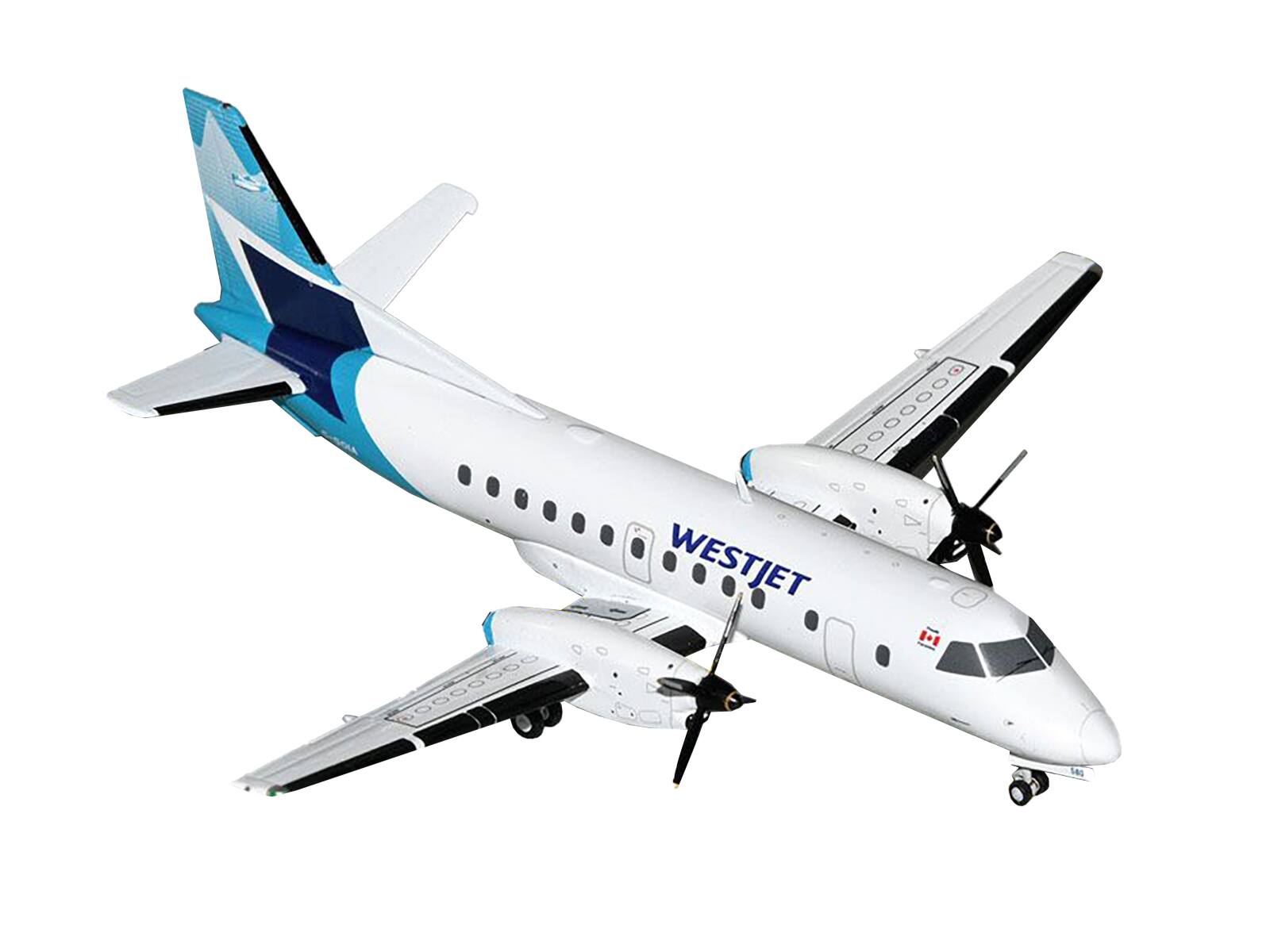 Angle. GeminiJets - Saab 340B Commercial Aircraft WestJet (C-GOIA) White with Blue Stripes and Tail Gemini 200 Series 1/200 & Airplane - White with Blue.