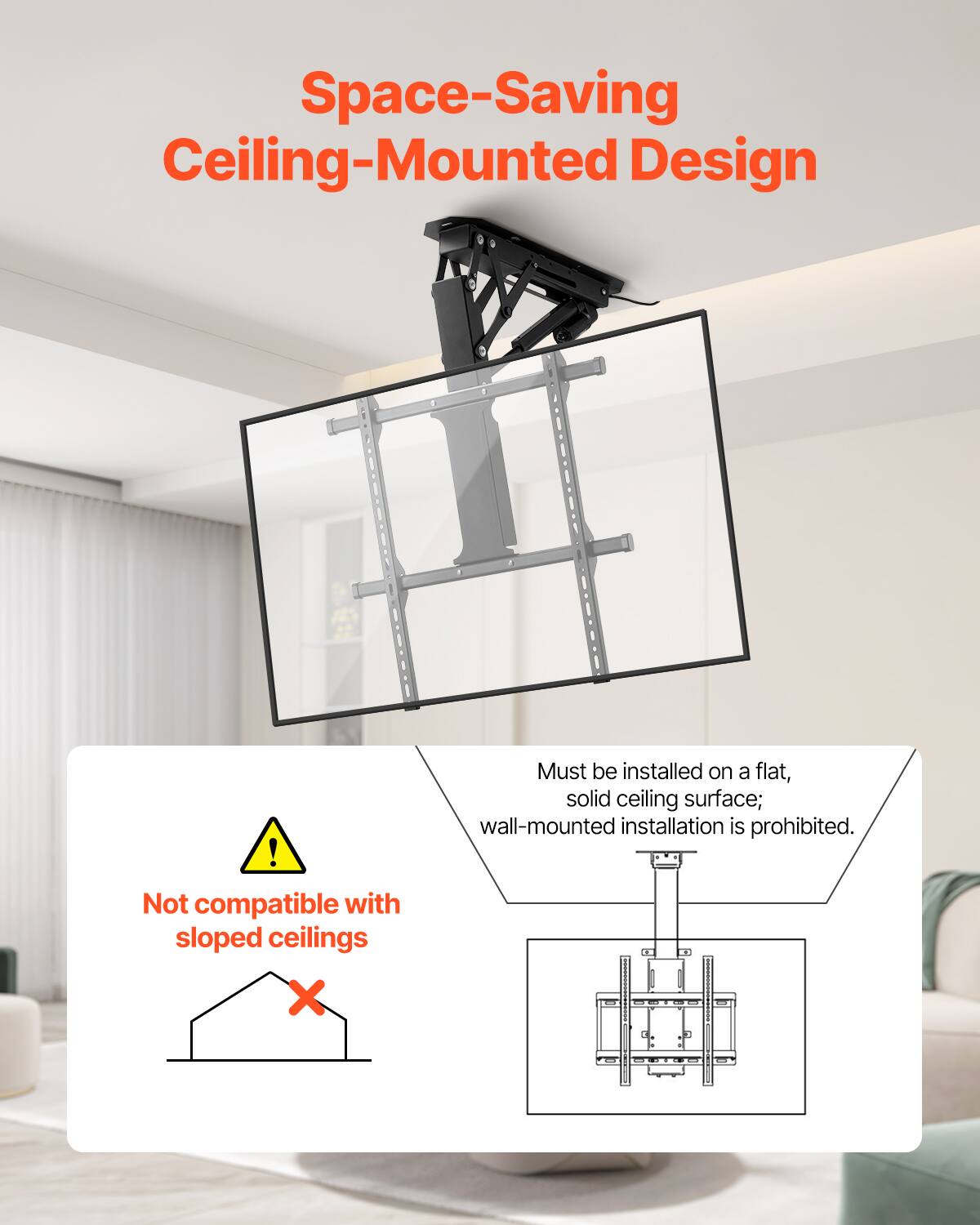 Space-Saving Ceiling-Mounted Design

Not compatible with sloped ceilings

Must be installed on a flat, solid ceiling surface; wall-mounted installation is prohibited.