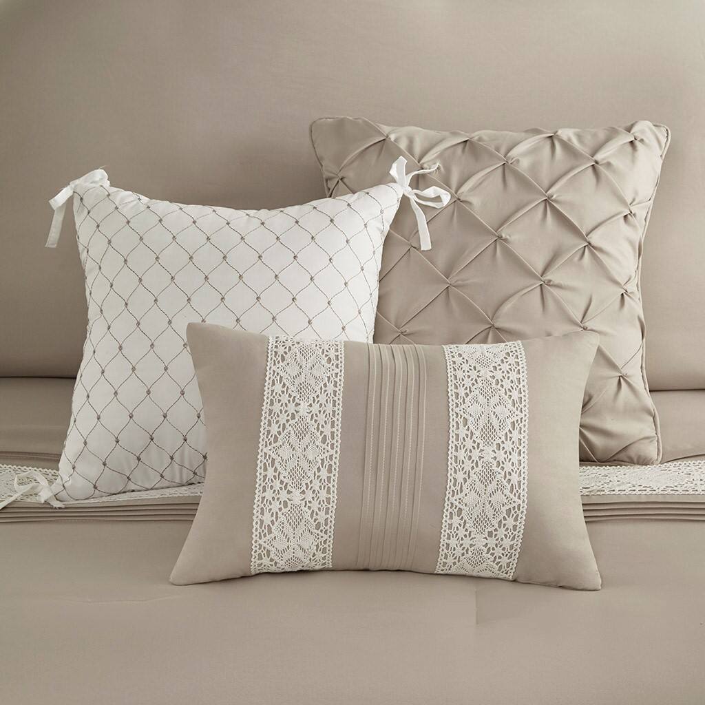 Alt View 2. Gracie Mills - Gracie Mills 7-Piece Farmhouse Lace Trim Comforter Set with Throw Pillows - Taupe.