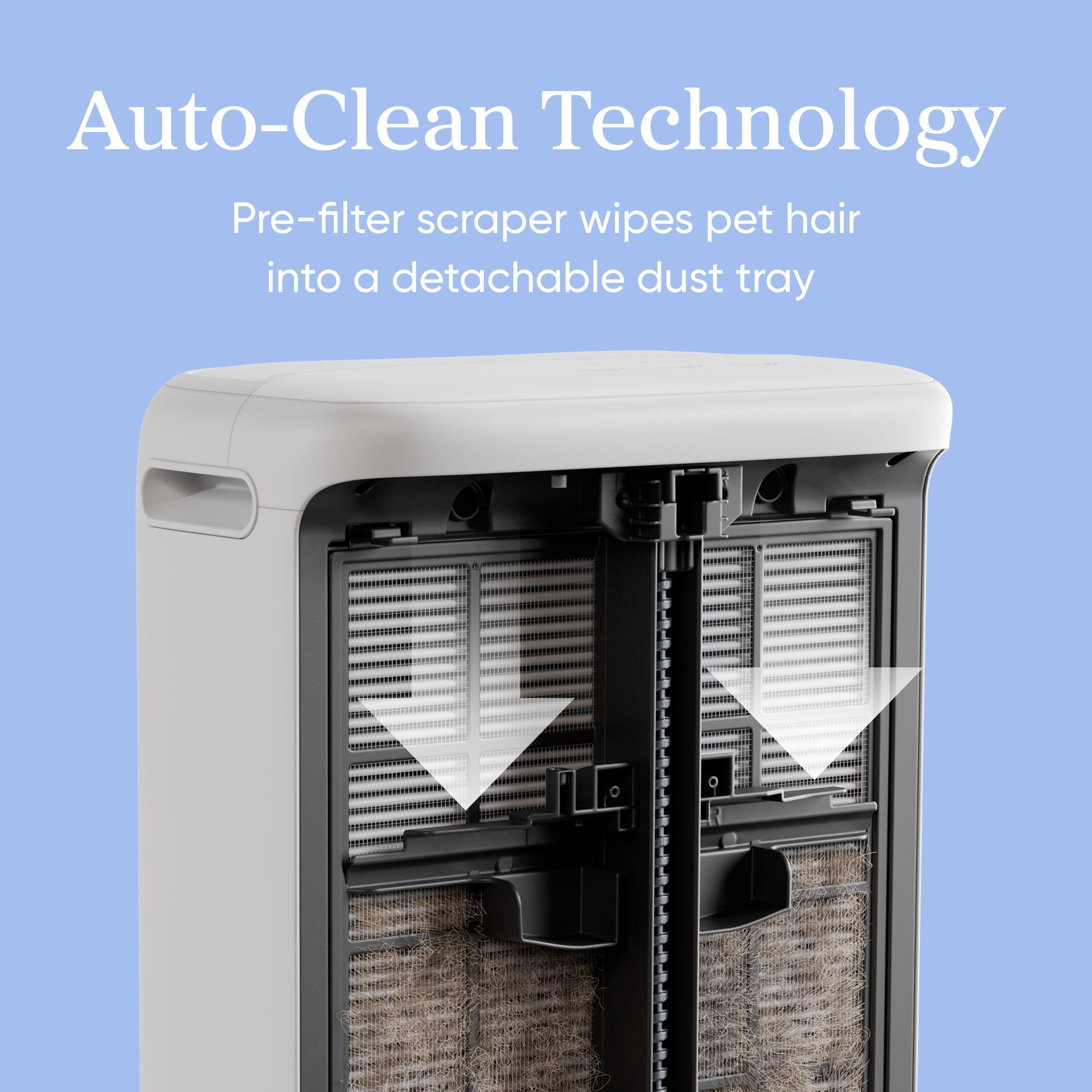 Auto-Clean Technology  
Pre-filter scraper wipes pet hair into a detachable dust tray