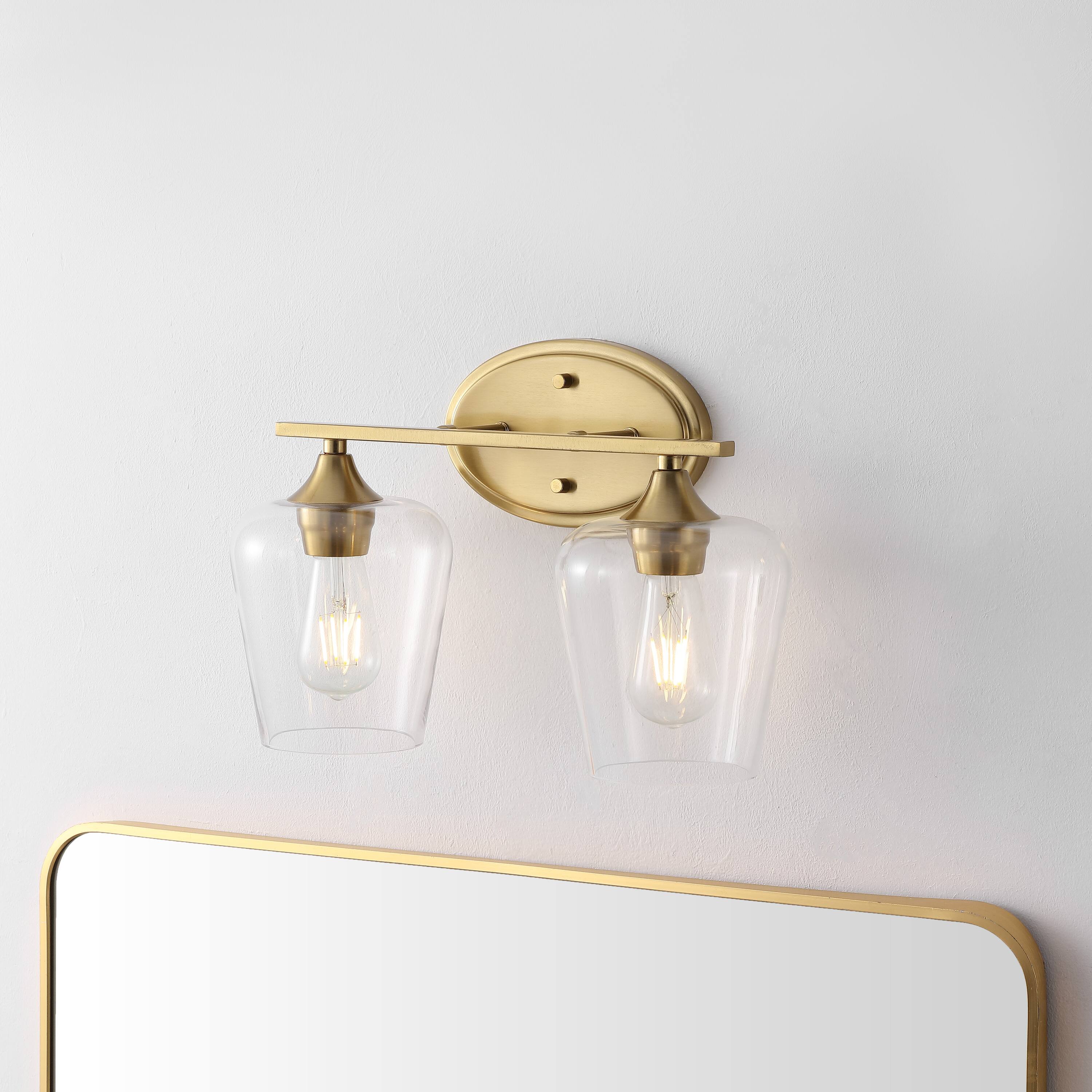 Alt View 1. Jonathan Y - Jayne 15.75" 2-Light Iron/Glass Cottage Rustic LED Vanity Light, Brass Gold - Brass Gold.