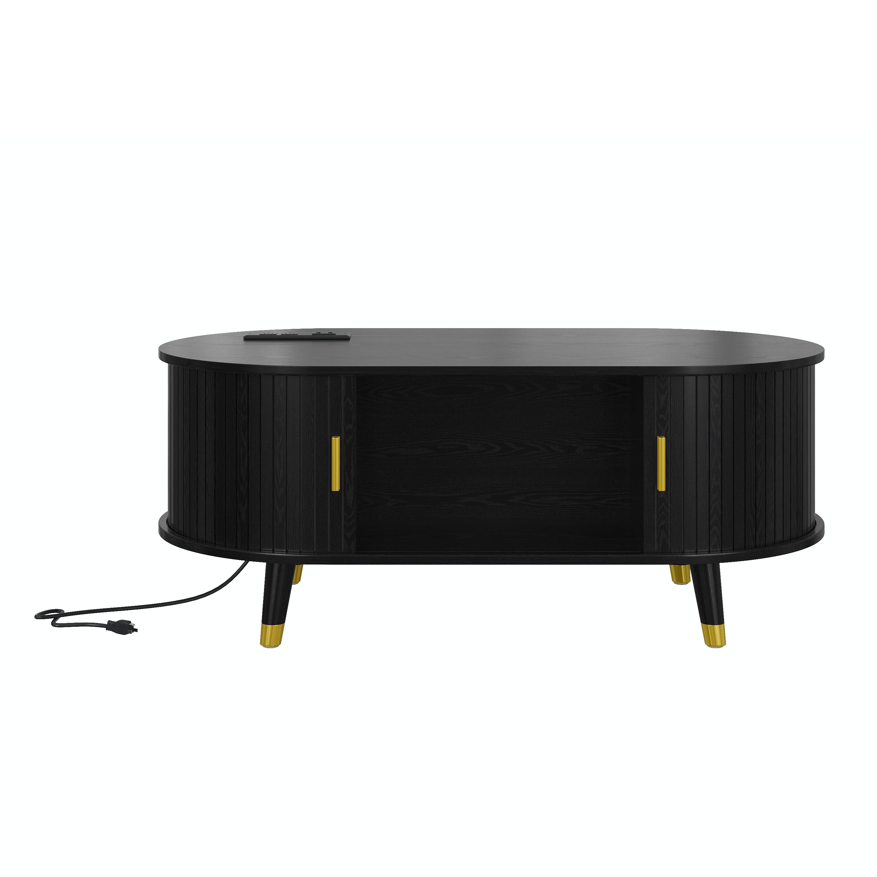 Back. Lirago - 43" Century Farmhouse Wooden Oval Coffee Table Fluted Design with Charging Station Sliding Tambour Door Solid Wood Legs - Black.