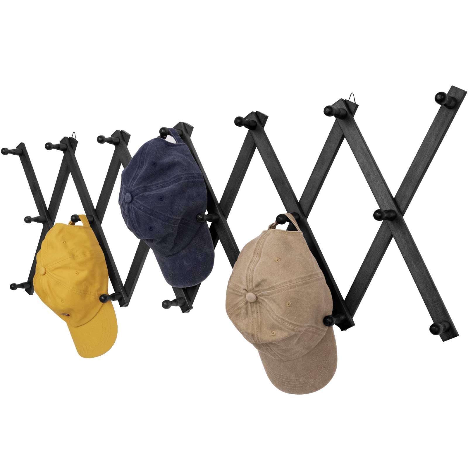 Front. HM 1810 - Hat Rack For Wall Expandable Holder With Wooden Hook Baseball Caps Cowboy Bag Hoodie - Black 20 Hooks.