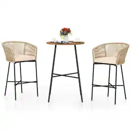 Pefilos - 3 Pieces Rope Woven Backyard Patio Bar Set with Soft Cushions and Acacia Wood Tabletop, Outdoor Bistro Sets Accent - Beige