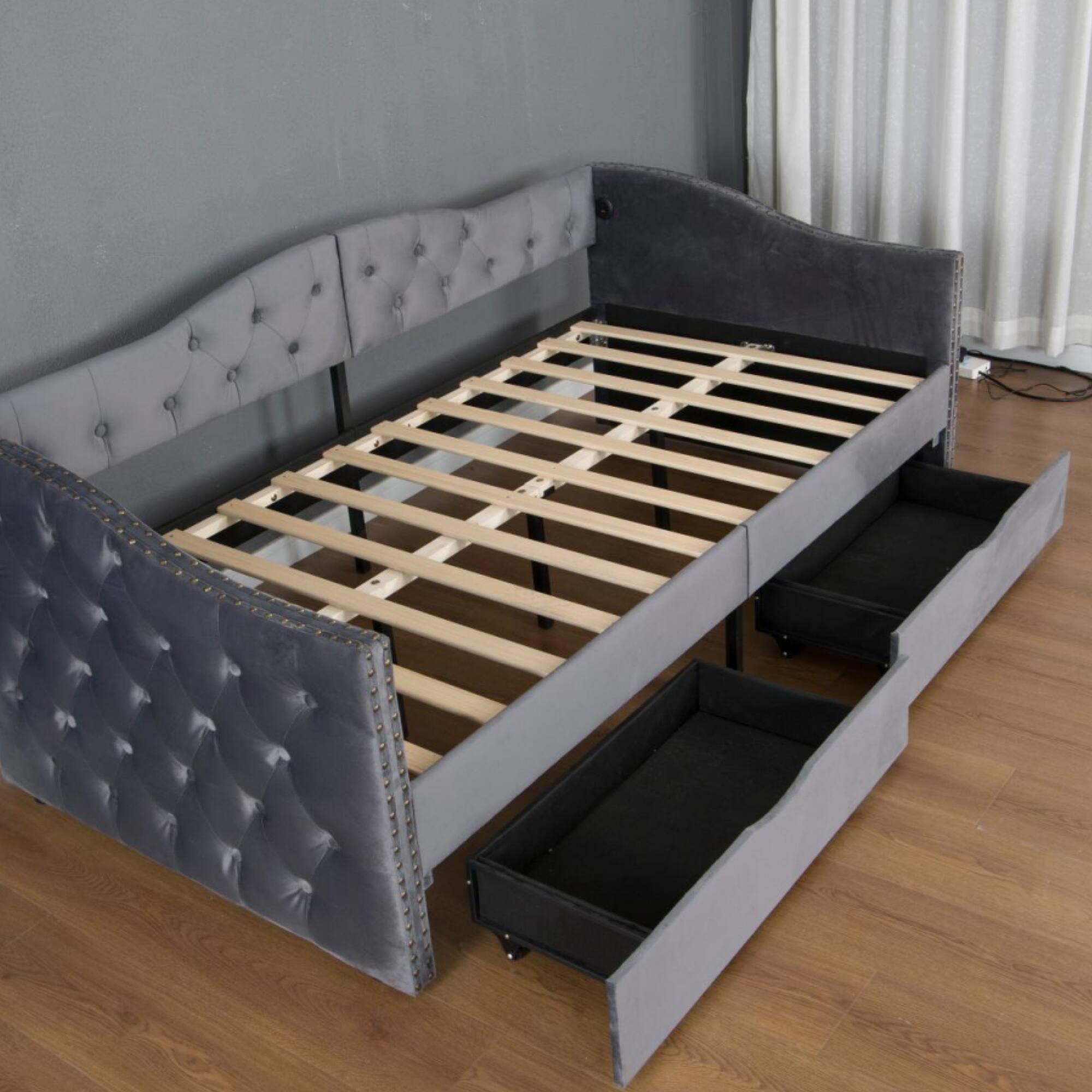 Back. GOODSILO - Upholstered Twin Daybed with Storage Drawers, No Box Spring Required, Mid-Century Design Sofa Bed for Living Rooms - Gray.