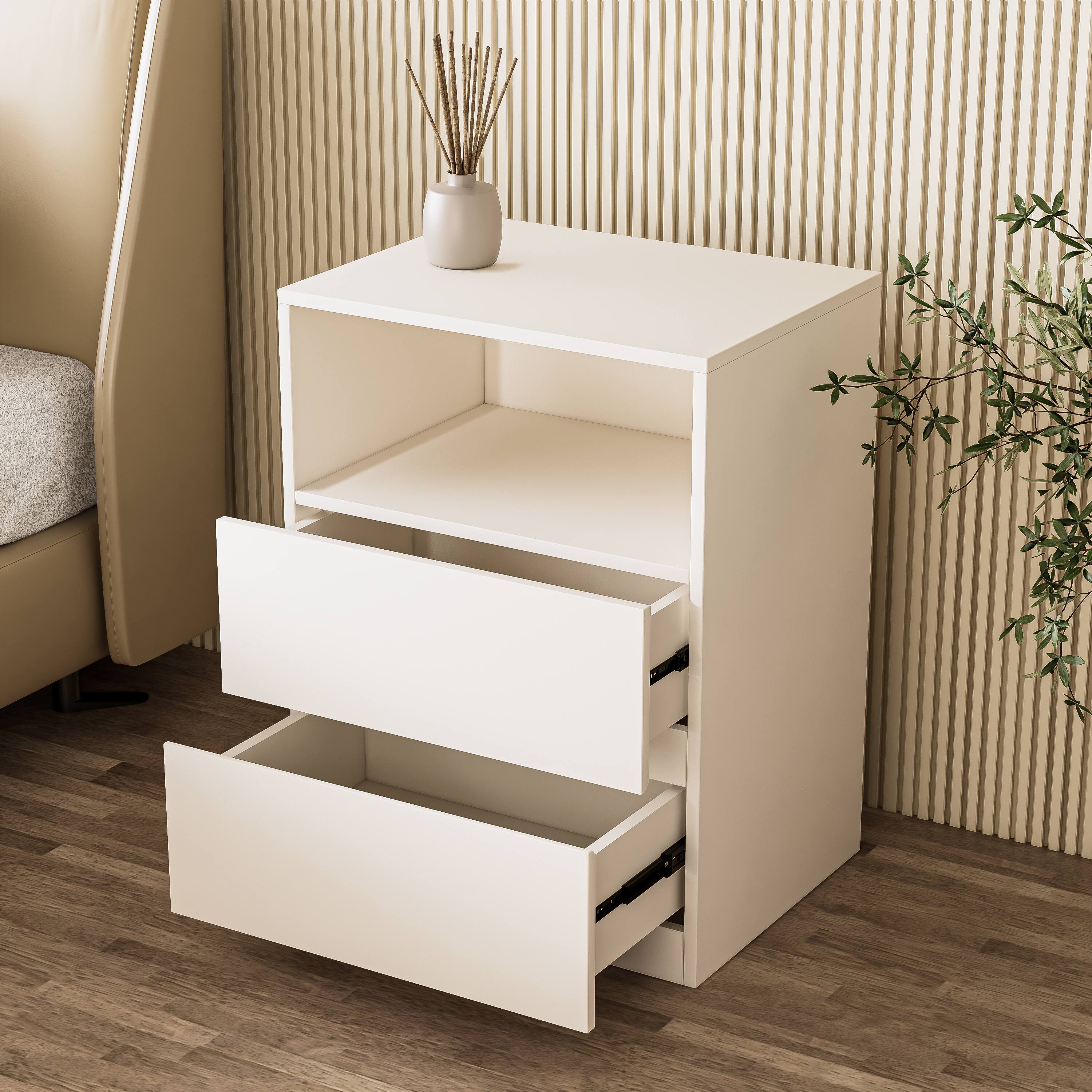 Alt View 2. MSOOB - Wooden Storage Cabinet, Freestanding Floor Cabinet Nightstands with 2 Drawers for Living Room - White.