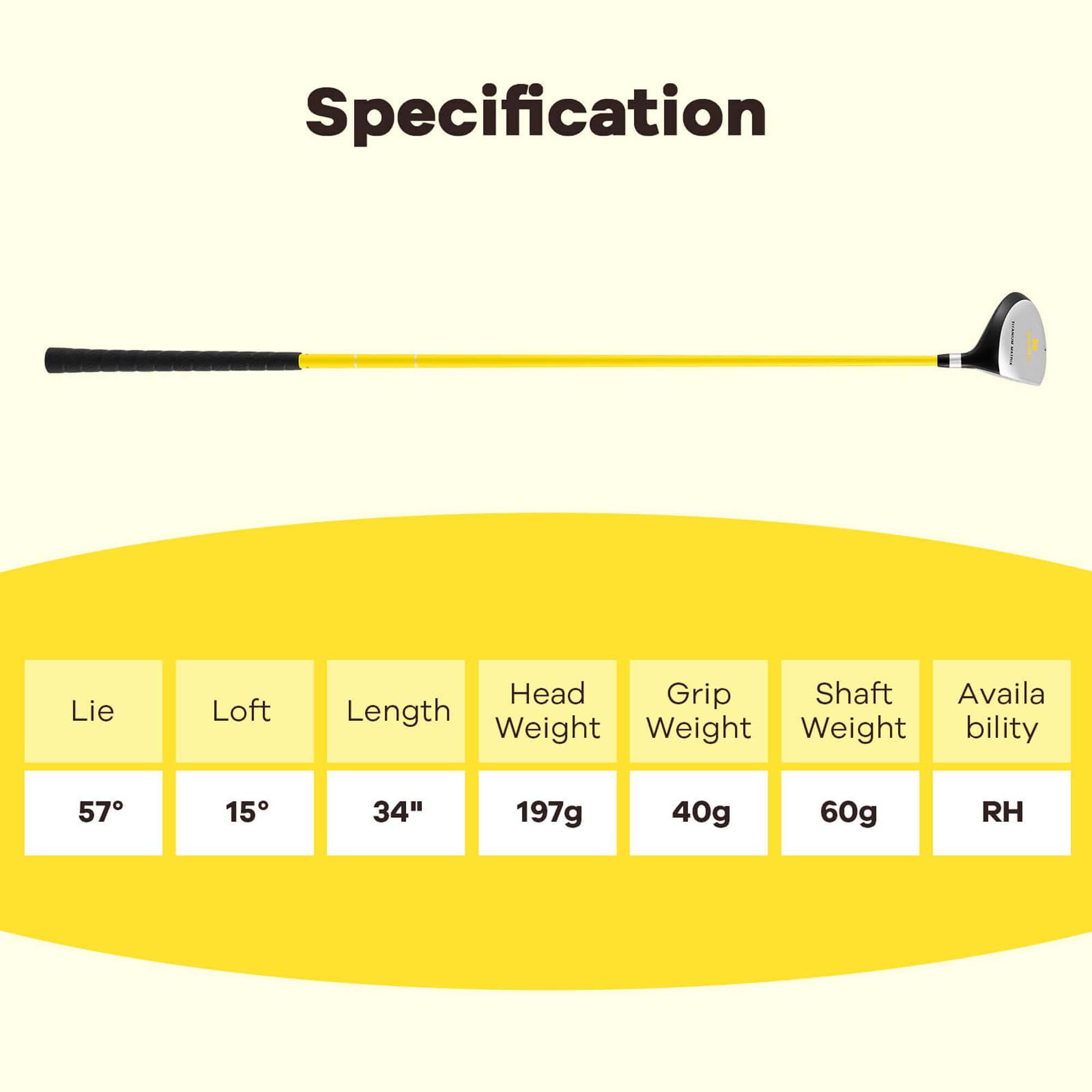 Specification

Lie: 57°  
Loft: 15°  
Length: 34"  
Head Weight: 197g  
Grip Weight: 40g  
Shaft Weight: 60g  
Availability: RH