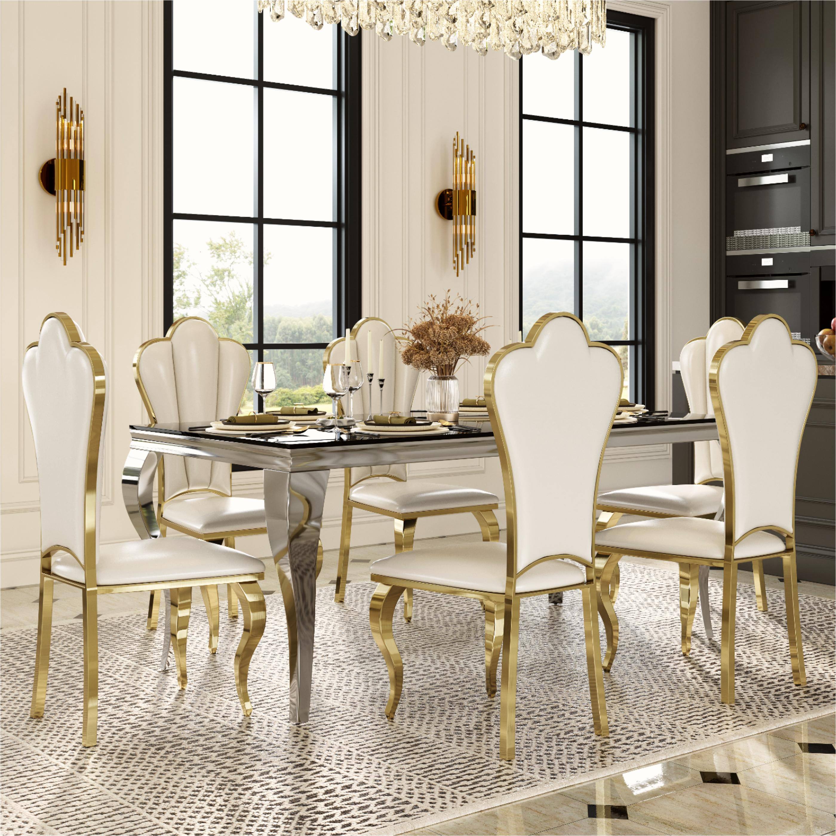Alt View 2. POVISON - Modern Luxury High Back Dining Chairs Set of 2, French Country Leather Side Chairs, Fully Assembled - White & Gold.