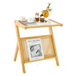 Costway - Rattan Side Table Bamboo Accent Bedside Table with Tempered Glass Top - Natural