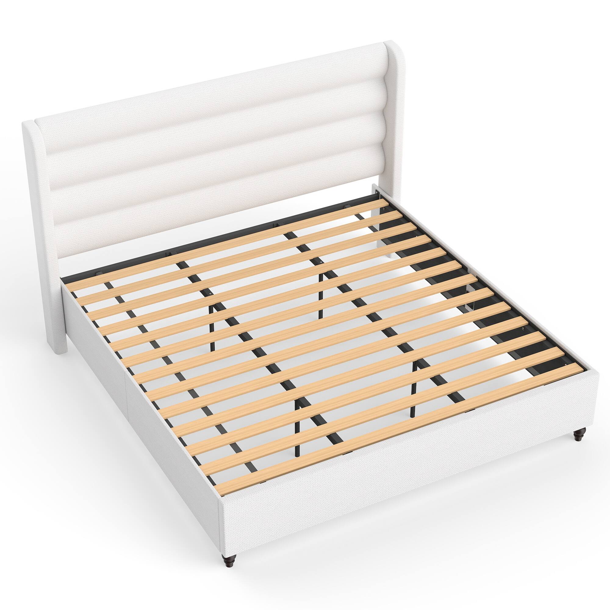Alt View 1. Brick Attic - Solid Wood Slat Bed with Gourd-Shaped Legs,Minimalist Striped Headboard, Elevated Base for Airflow, No Box Spring Needed - White.