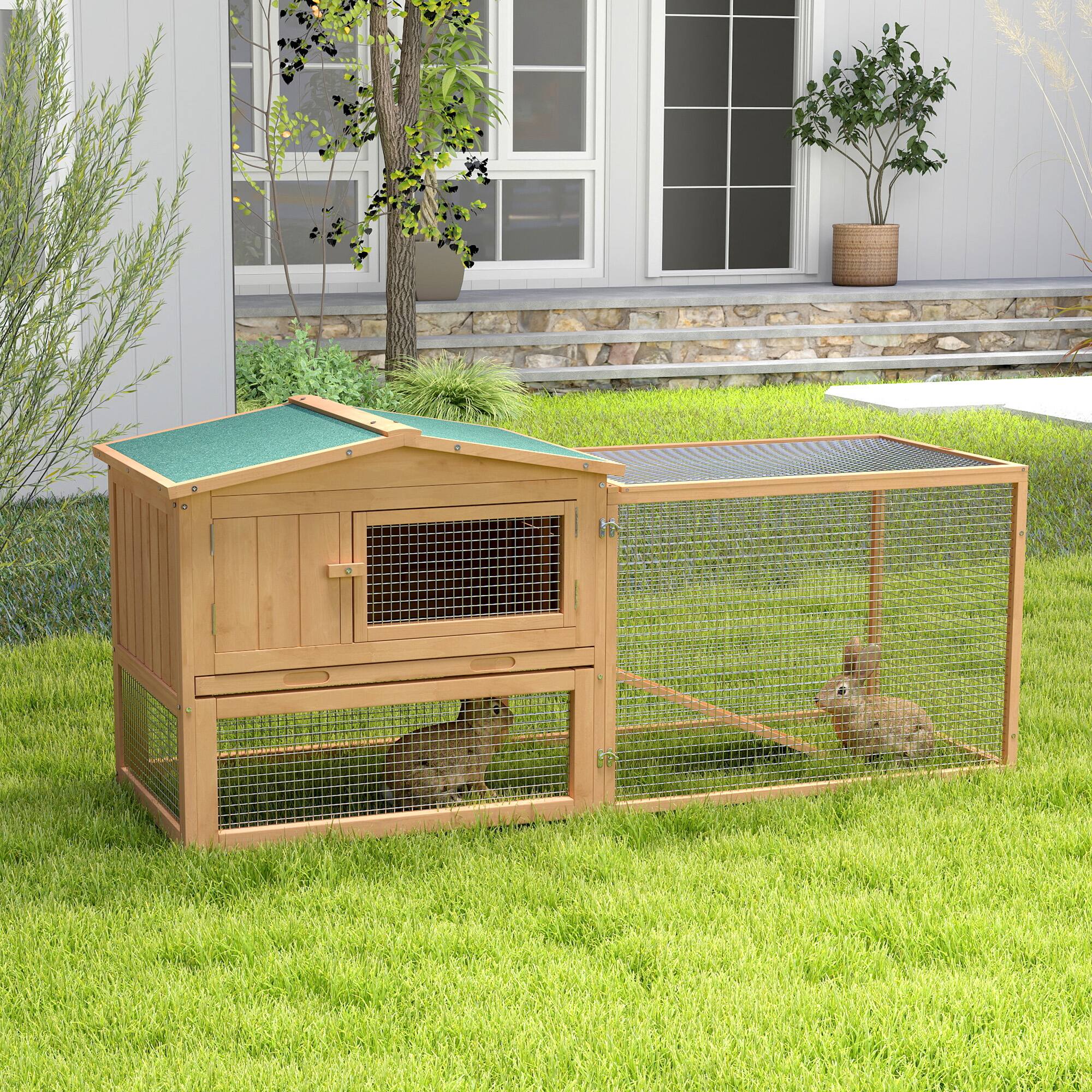Alt View 1. Pawhut - 62" Wooden Outdoor Rabbit Hutch Small Animal Habitat with Detachable Run and Elevated Main.