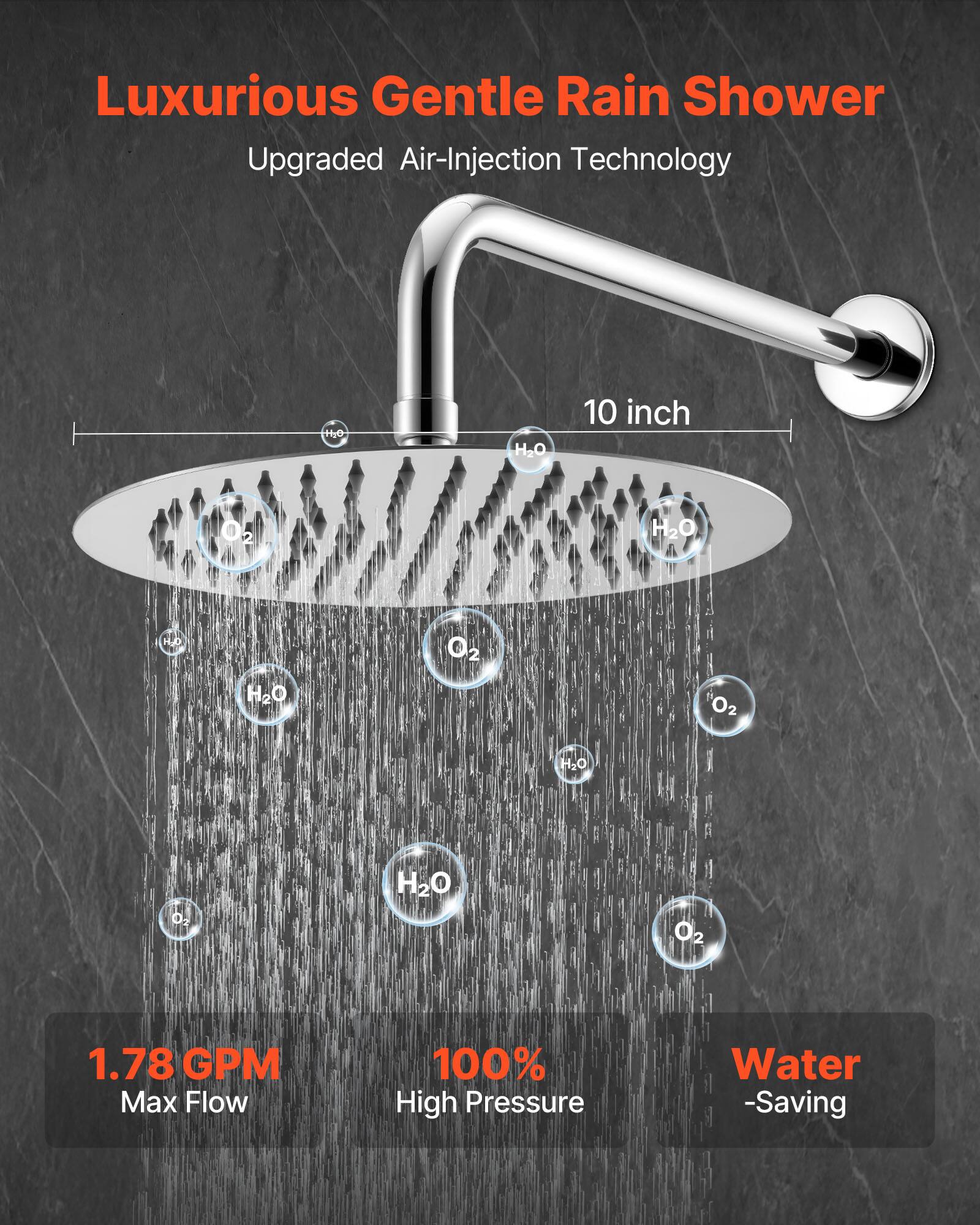 Luxurious Gentle Rain Shower, Upgraded Air-Injection Technology, 10 inch, 1.78 GPM Max Flow, 100% High Pressure, Water -Saving