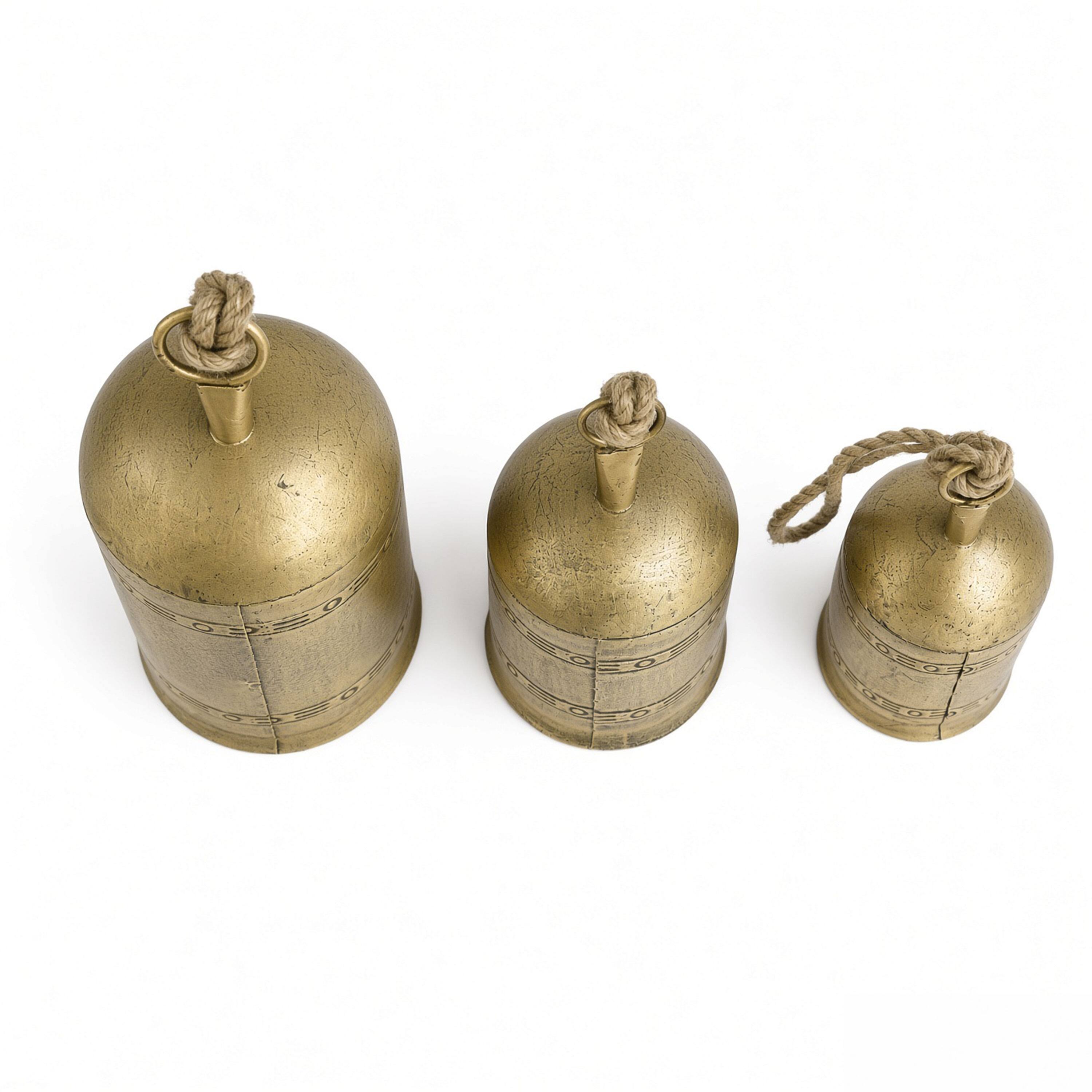 Left. Manhattan Lane - 3 Piece Cowbell Set, Etched Antique Iron with Jute Rope, Organic Decor - Antique Gold, Natural Brown.