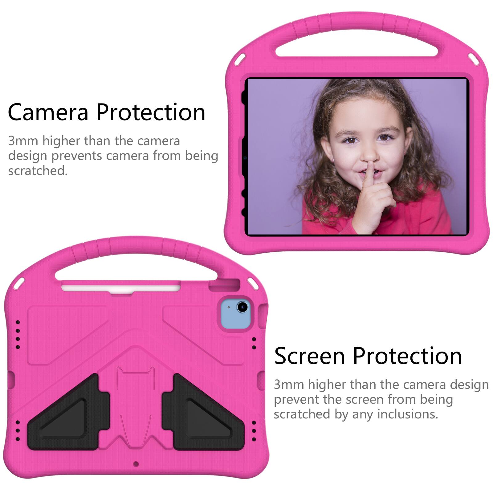 Camera Protection  
3mm higher than the camera design prevents camera from being scratched.  

Screen Protection  
3mm higher than the camera design prevent the screen from being scratched by any inclusions.