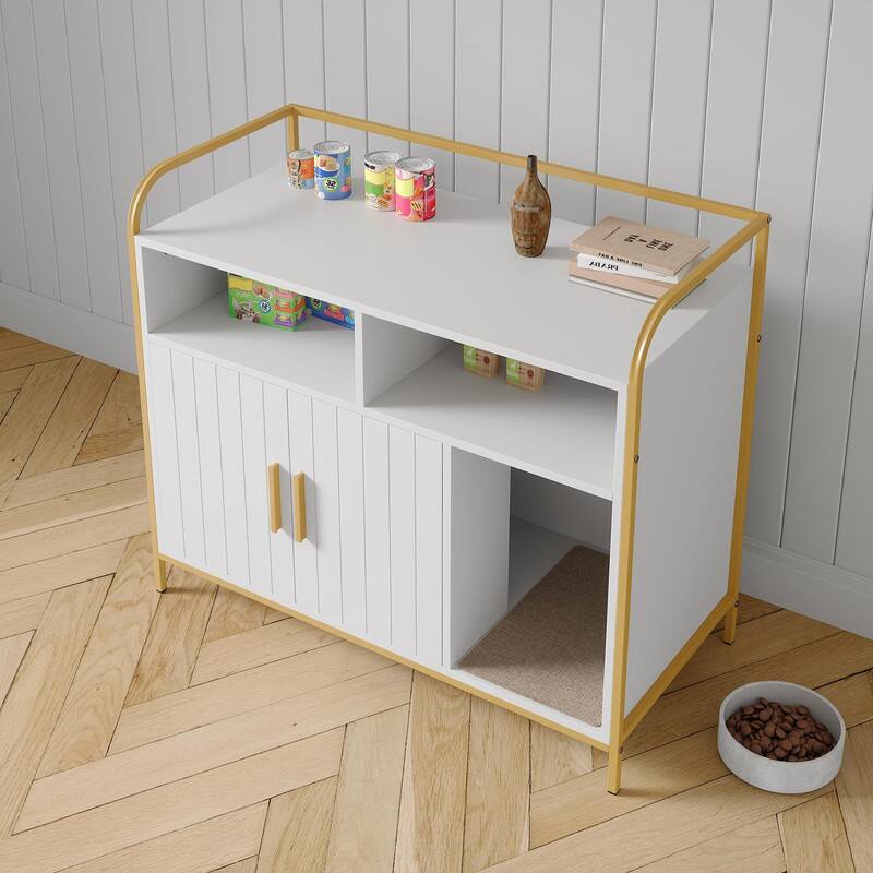 Angle. GARVEE - Hidden Cat Litter Box Furniture - Enclosed Cabinet w/2 Storage Compartments, Scratching Mat & Double Doors, End Table - White.