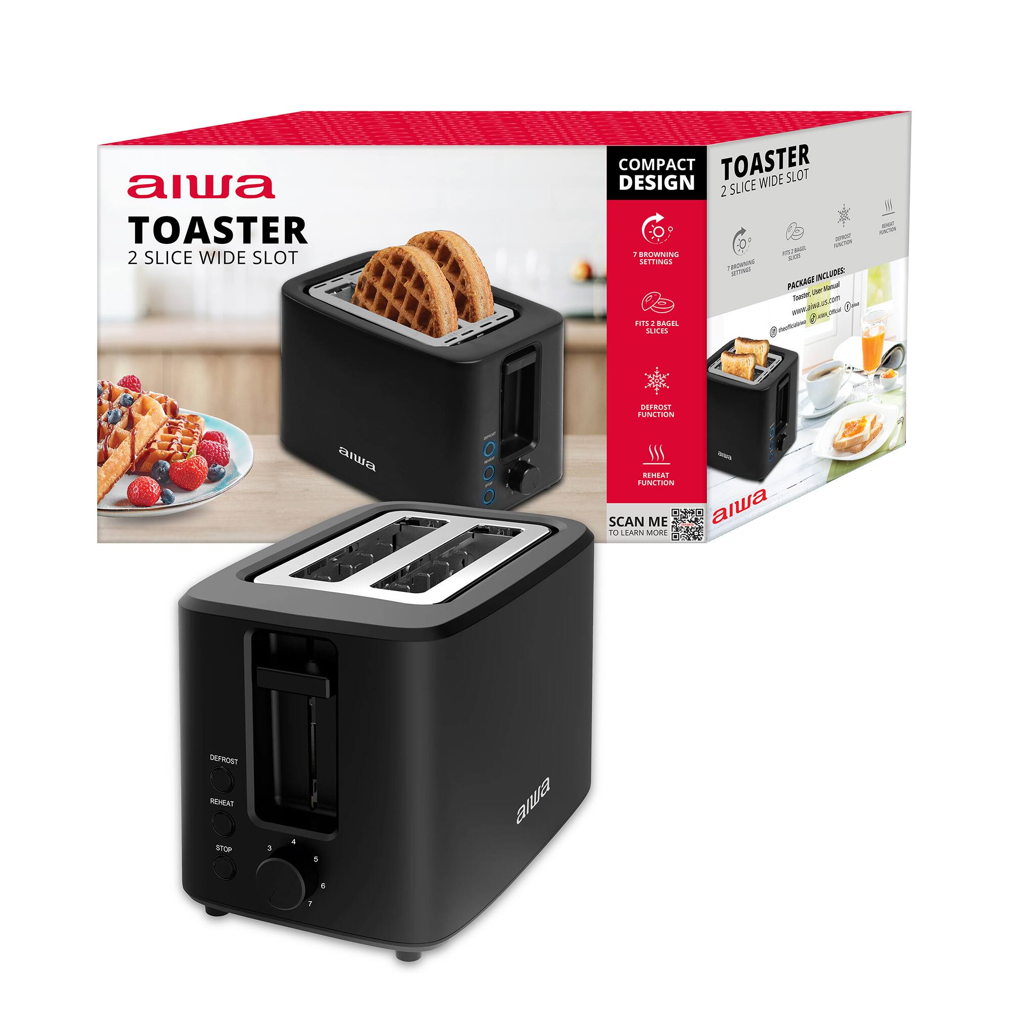 Aiwa - 2-Slice Cool Touch Toaster Wide-Slot Bread & Bagel Toaster 7 Browning Settings, Defrost, Reheat & Cancel Functions - Black
