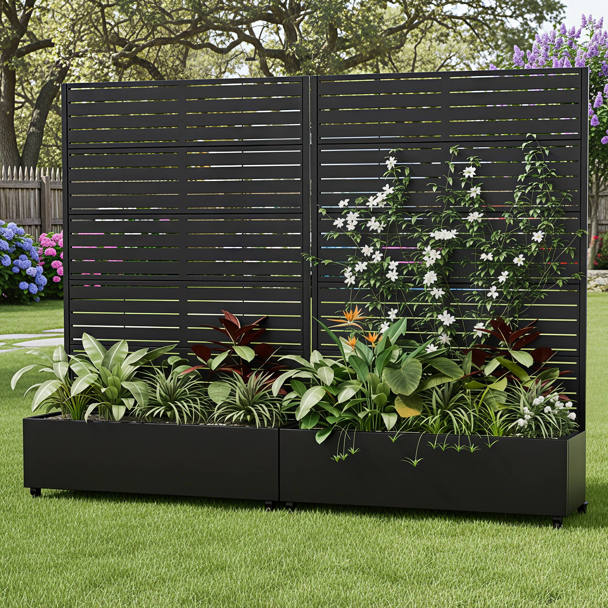 Alt View 1. PexFix - 72 in. H x 47 in. W Rectangle Metal Planter Box Raised Garden Beds with Trellis and Weels for Patio, 38 Gal Capacity - Black.