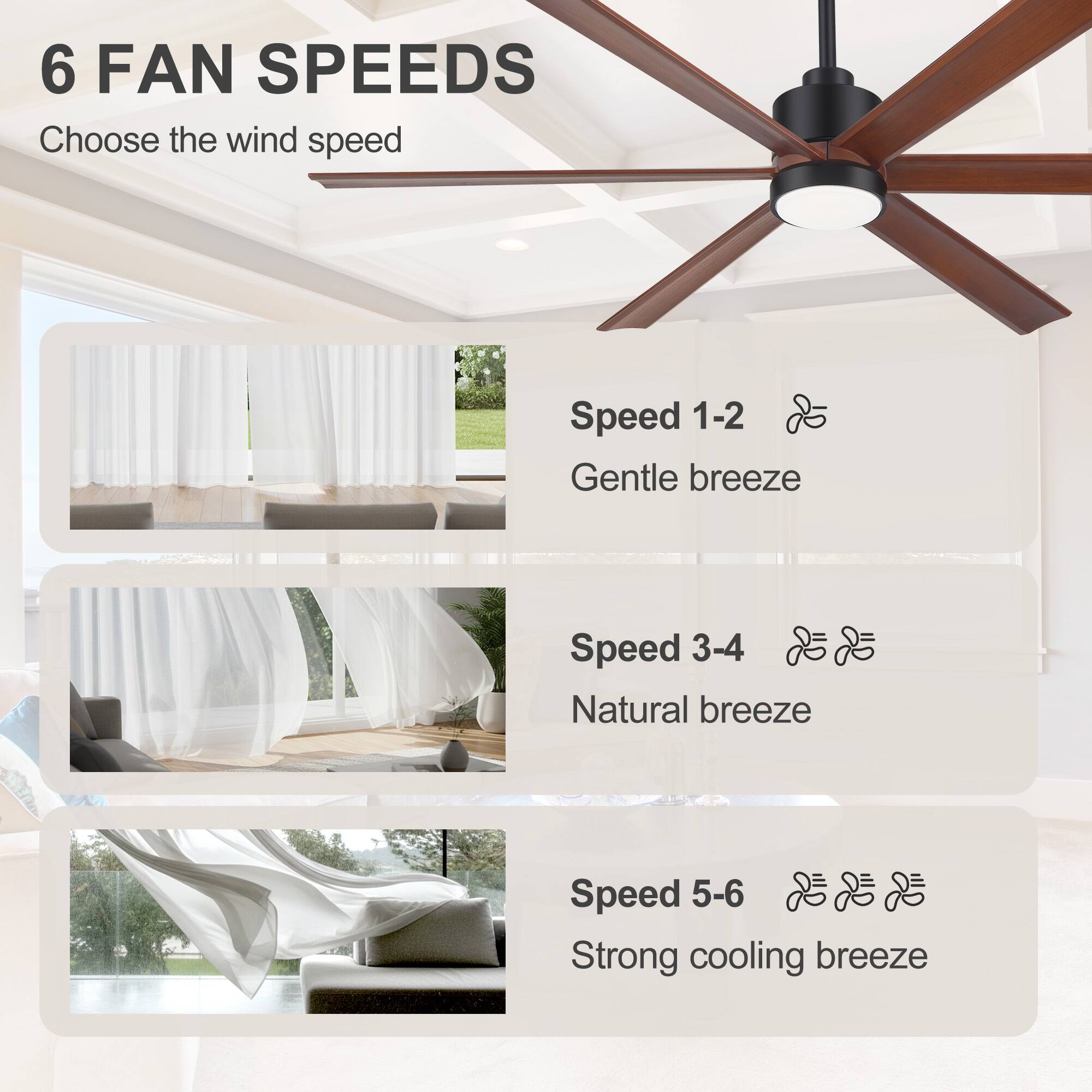 6 FAN SPEEDS  
Choose the wind speed

Speed 1-2  
Gentle breeze

Speed 3-4  
Natural breeze

Speed 5-6  
Strong cooling breeze