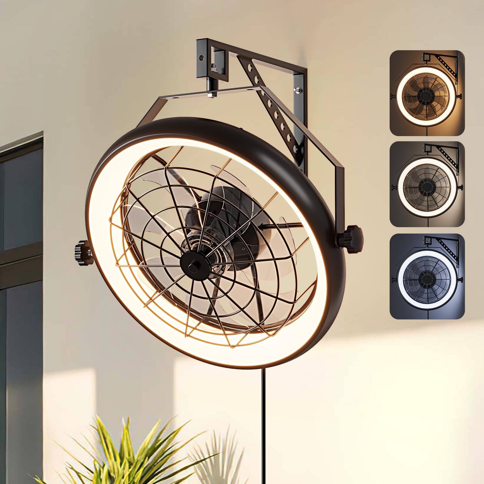 Front. Siljoy - 23 Inch Wall Mounted Fan with Lights, 6-Speed Remote Control 360° Tilt Fan for Home & Patio - Black.