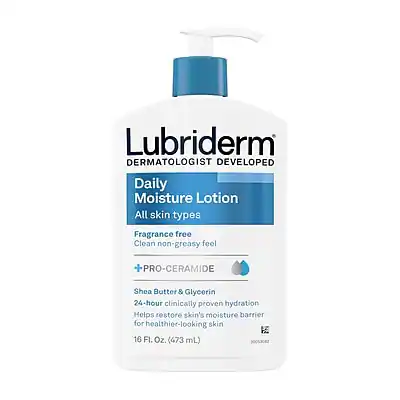 Lubriderm
DERMATOLOGIST DEVELOPED
Daily Moisture Lotion
All skin types
Fragrance free
Clean non-greasy feel
+ PRO-CERAMIDE
Shea Butter & Glycerin
24-hour clinically proven hydration
Helps restore skin's moisture barrier for healthier-looking skin
16 FL. OZ. (473 mL)