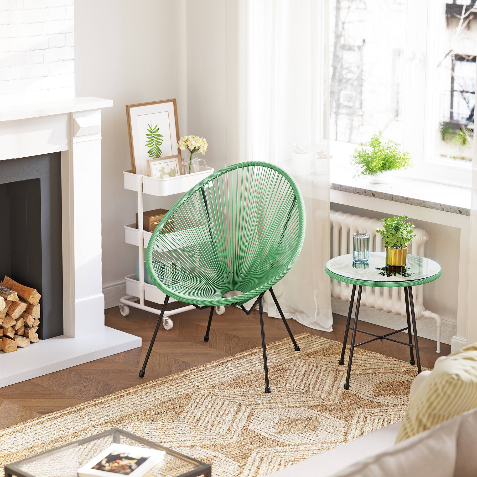 Back. Songmics Home - 3-Piece Outdoor Seating Acapulco Chair, Modern Patio Furniture Set, Glass Top Table and 2 Chairs - Light Green.
