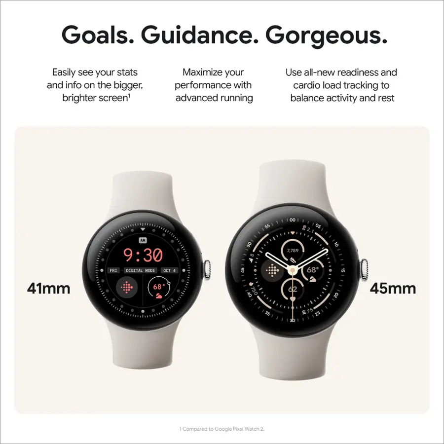 Goals. Guidance. Gorgeous. Easily see your stats and info on the bigger, brighter screen. Maximize your performance with advanced running. Use all-new readiness and cardio load tracking to balance activity and rest. 41mm. 9:30 FRI. 40. $750. 55. 35. 00. S os 221 7,709 68 62. 75 25 3b. 10 15 20 45mm. Compared to Google Pixel Watch 2.
