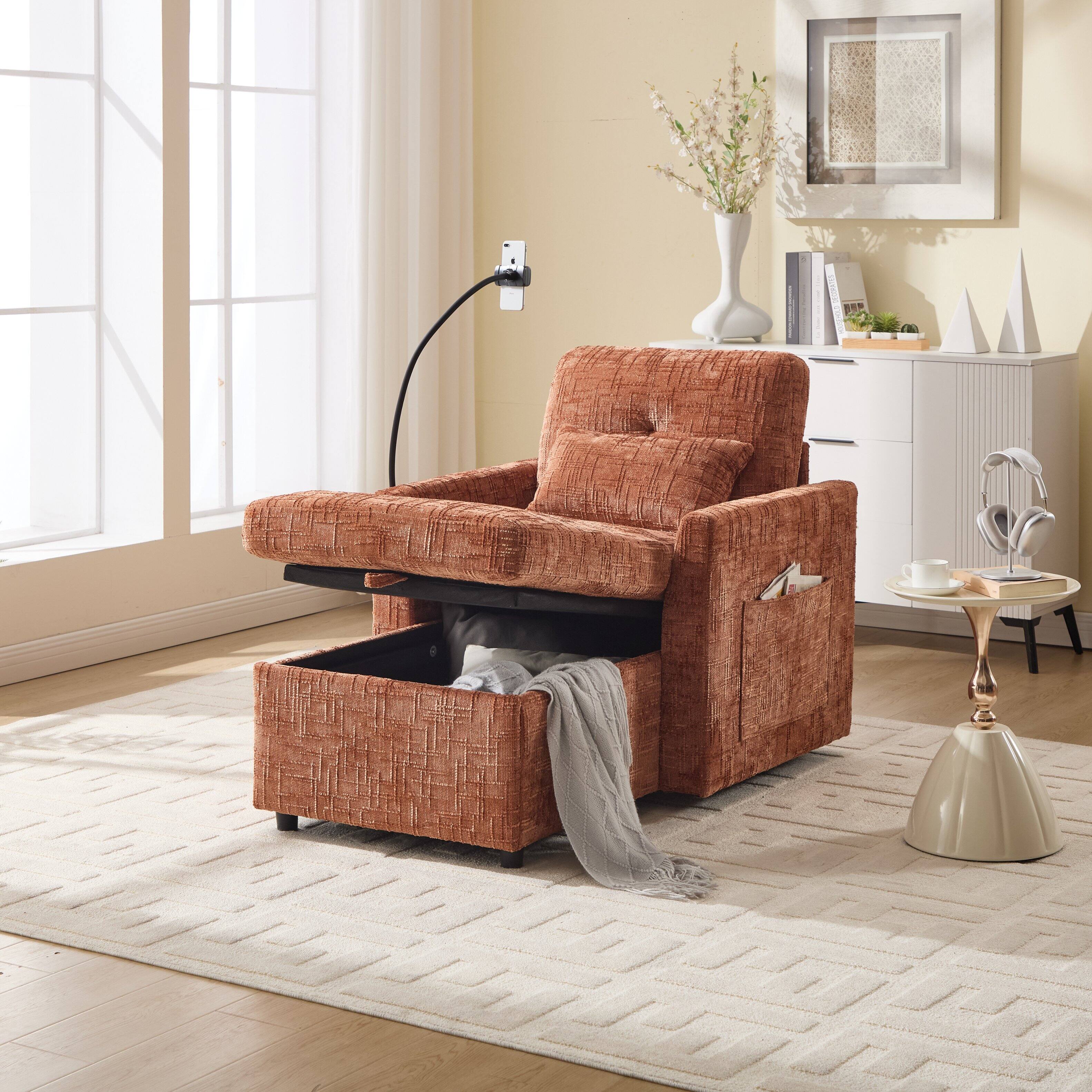 Back. Trinkets Crazed - Lazy Person Sofa Couch, Multifunctional Chenille Single Leisure Chair with Storage Backrest, Cell Phone Bracket - Orange.