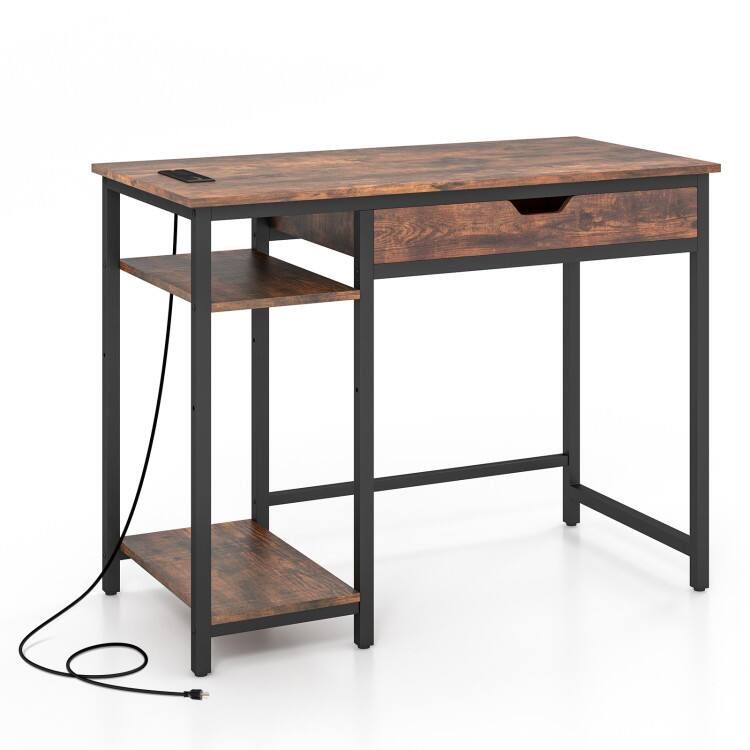 SlickBlue - Desk with Charging Station, Drawer & Adjustable Shelf – Computer Table for Study or Office - Rustic Brown, Black