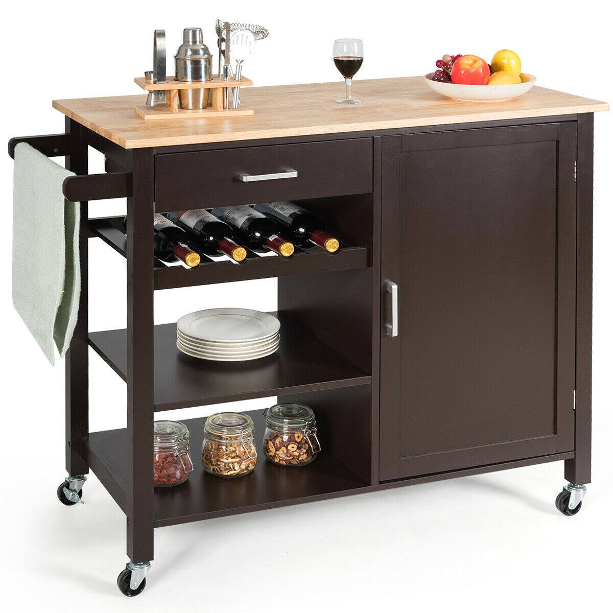 Front. Gymax - Gymax 4-Tier Wood Kitchen Island Trolley Cart Storage Cabinet w/ Wine Rack & Drawer - Brown.