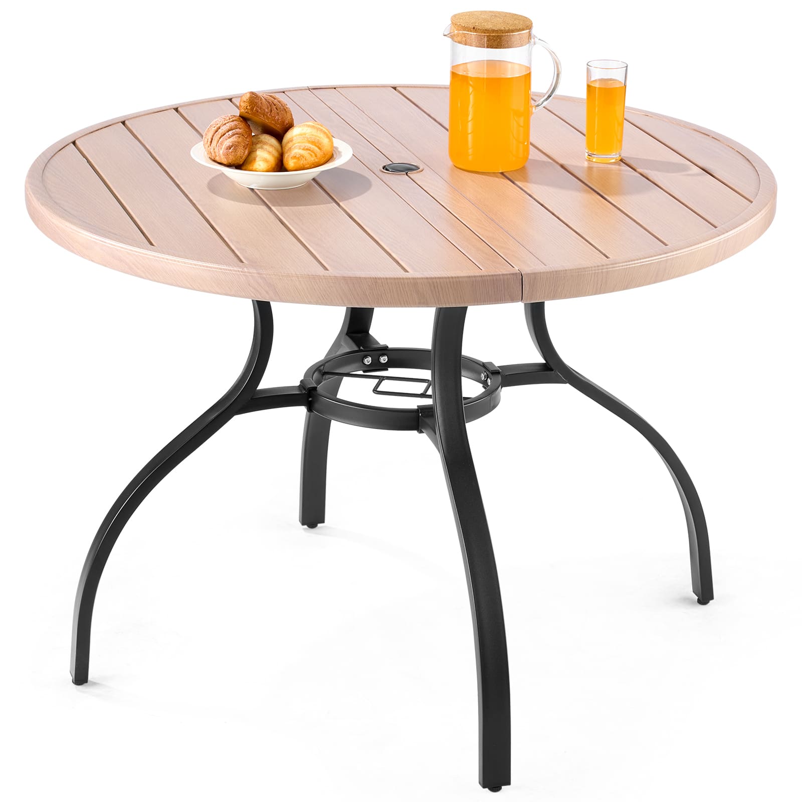 VEVOR - Outdoor Patio Dining Table,41in Round Wood-Like Steel Slat Backyard Bistro Coffee Tables for 4, with 1.5in Umbrella Hole - Wood Grain + Black