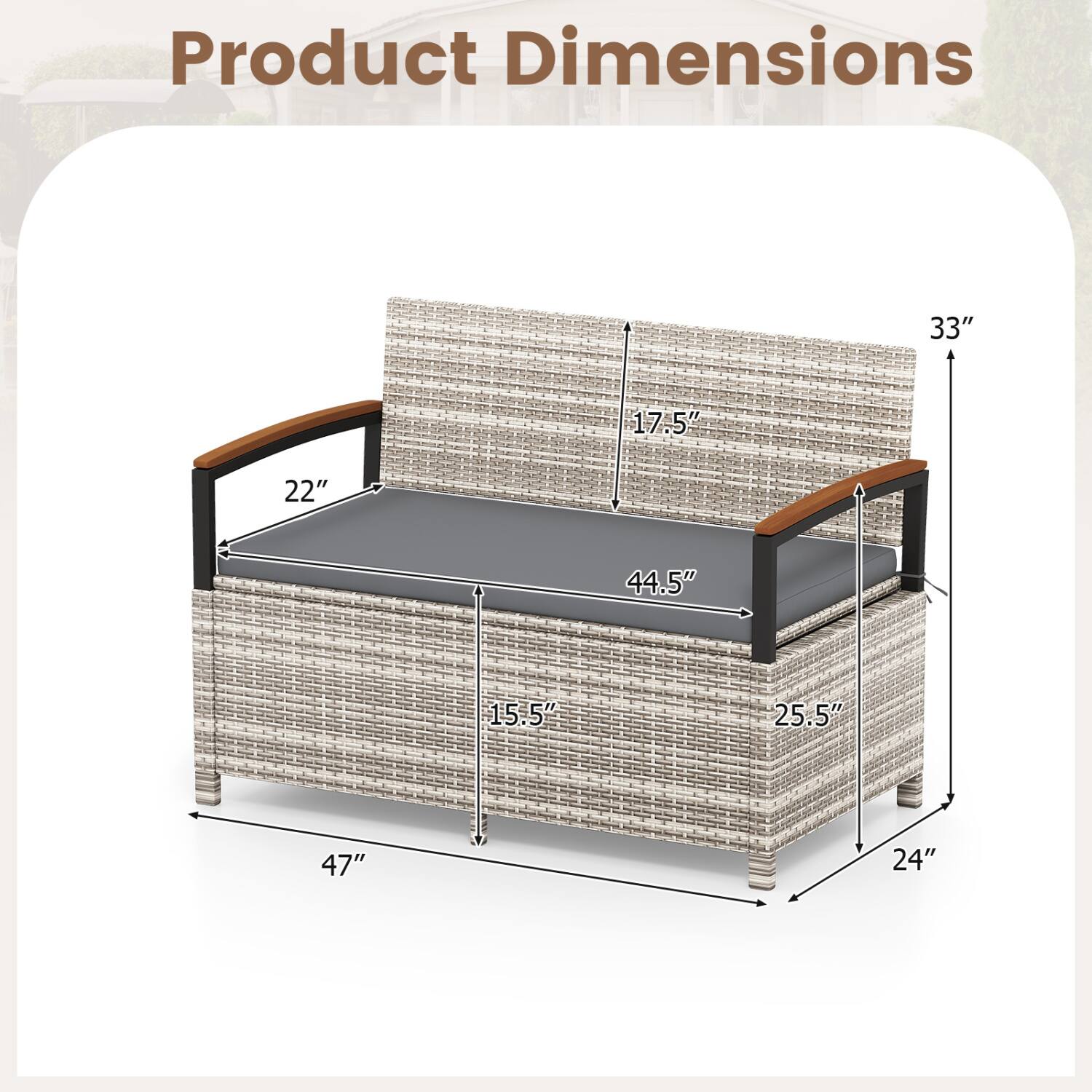Product Dimensions
33"
17.5"
22"
44.5"
15.5"
25.5"
47"
24"