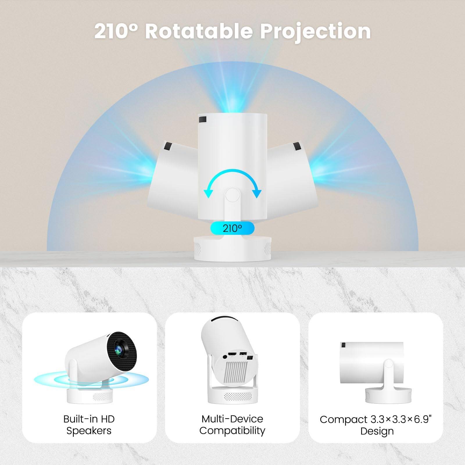 210° Rotatable Projection

- Built-in HD Speakers
- Multi-Device Compatibility
- Compact 3.3" x 3.3" x 6.9" Design