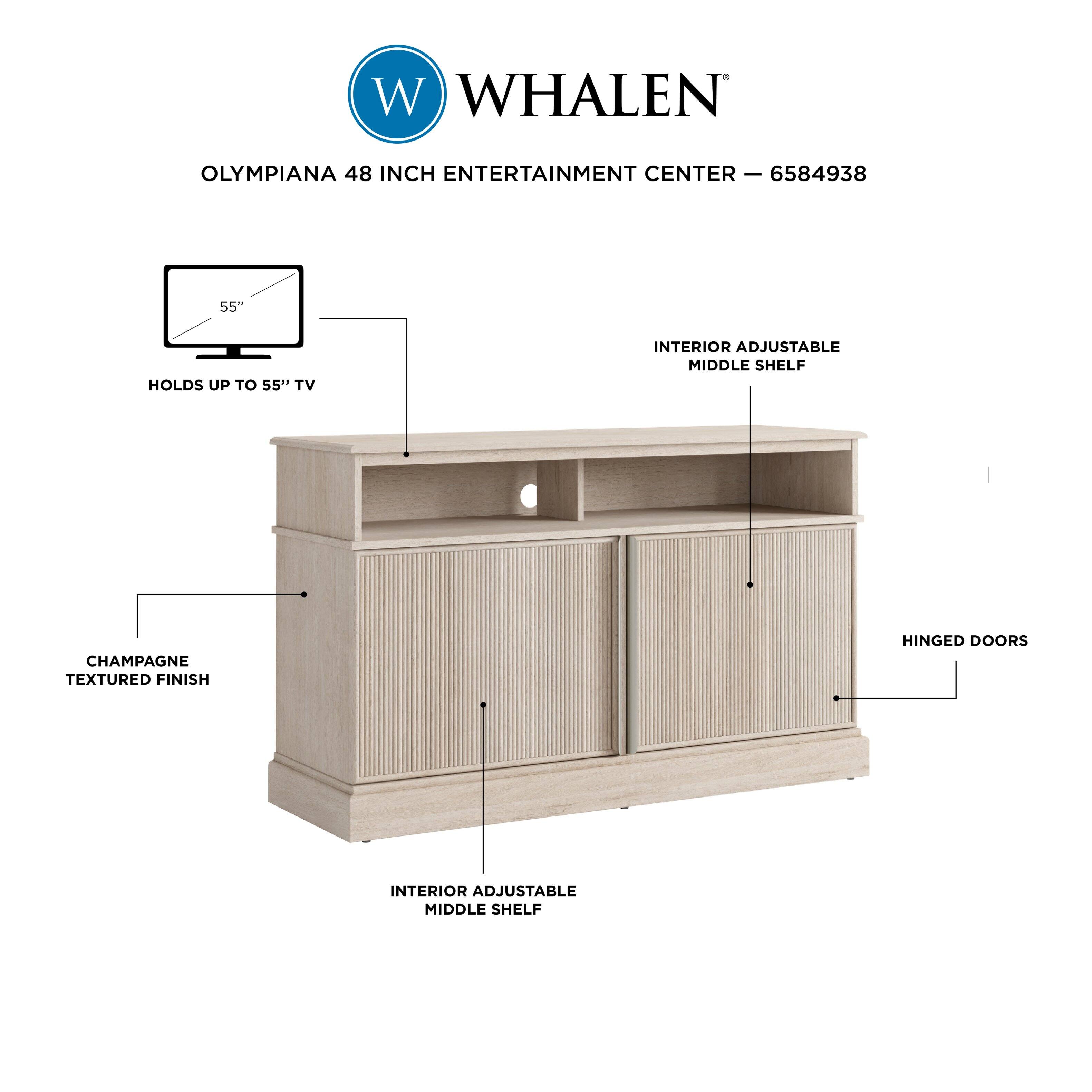 W Whalen Olympiana 48 Inch Entertainment Center - 6584938 - 55" TV, Interior Adjustable Middle Shelf, Champagne Textured Finish, Hinged Doors, Interior Adjustable Middle Shelf.