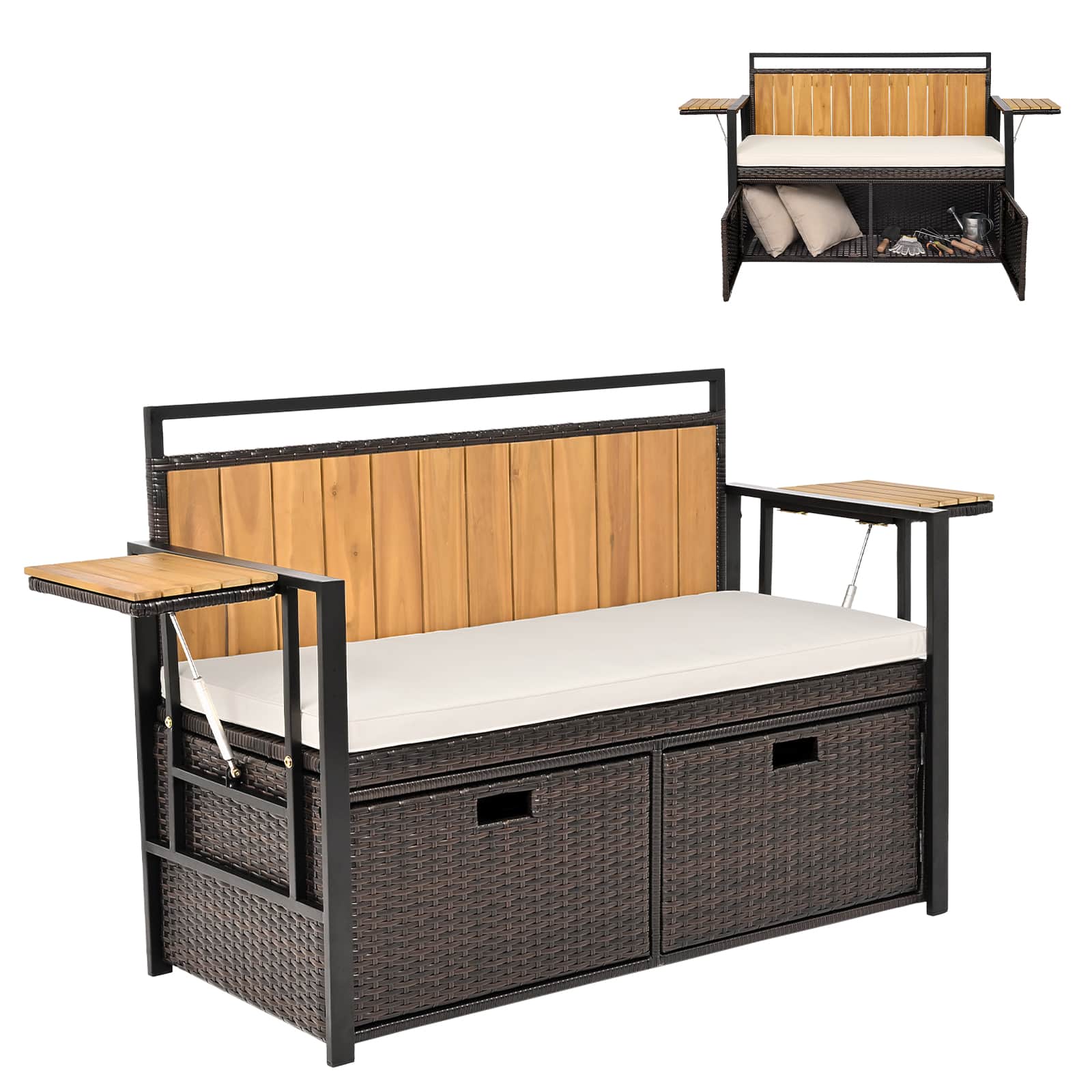Costway - Patio Storage Bench with 2 Folding Side Tables,2-Seater Rattan Bench Seat with Cushion - Brown + White + Natural price history on PriceWatchPro