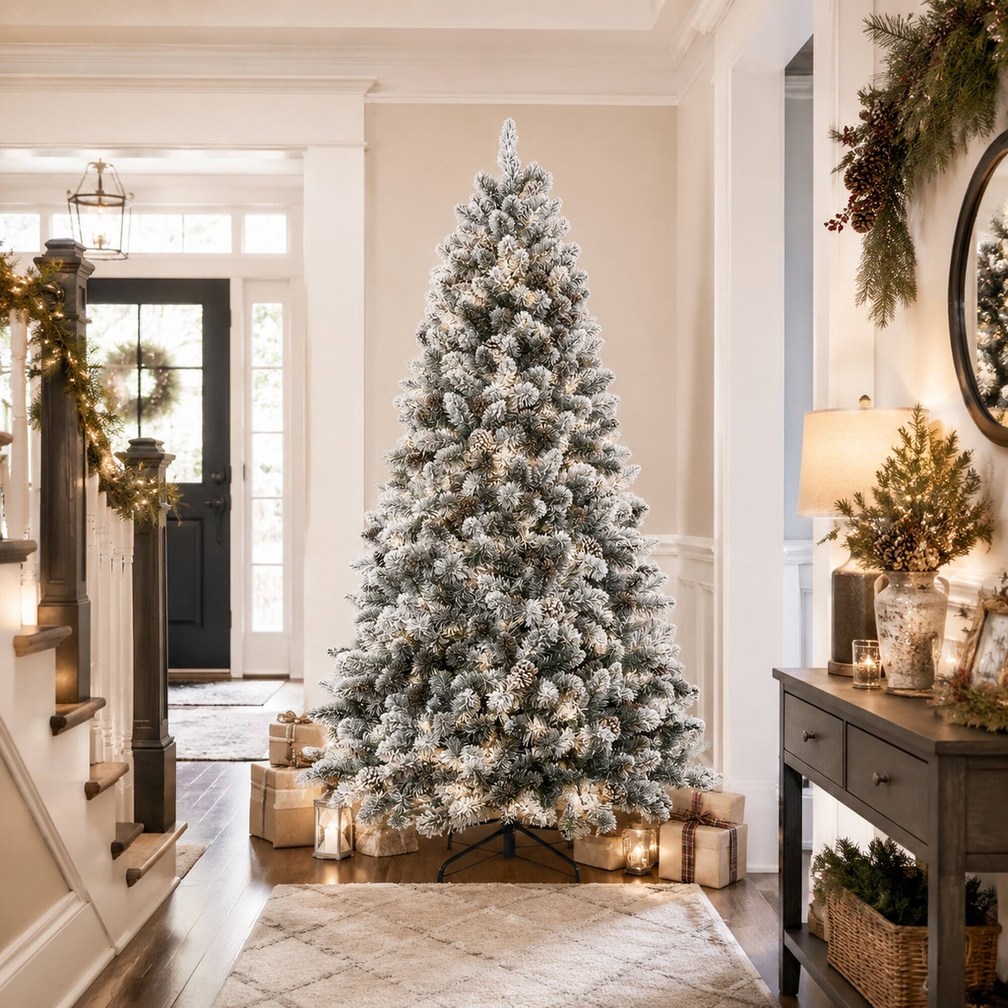 Alt View 1. RYHNUYNE - 6FT Flocked Christmas Tree With Pine Cones, 888 Snowy PVC Tips 36 Natural Pinecones Full Shape Sturdy Metal Stand - Green,White.